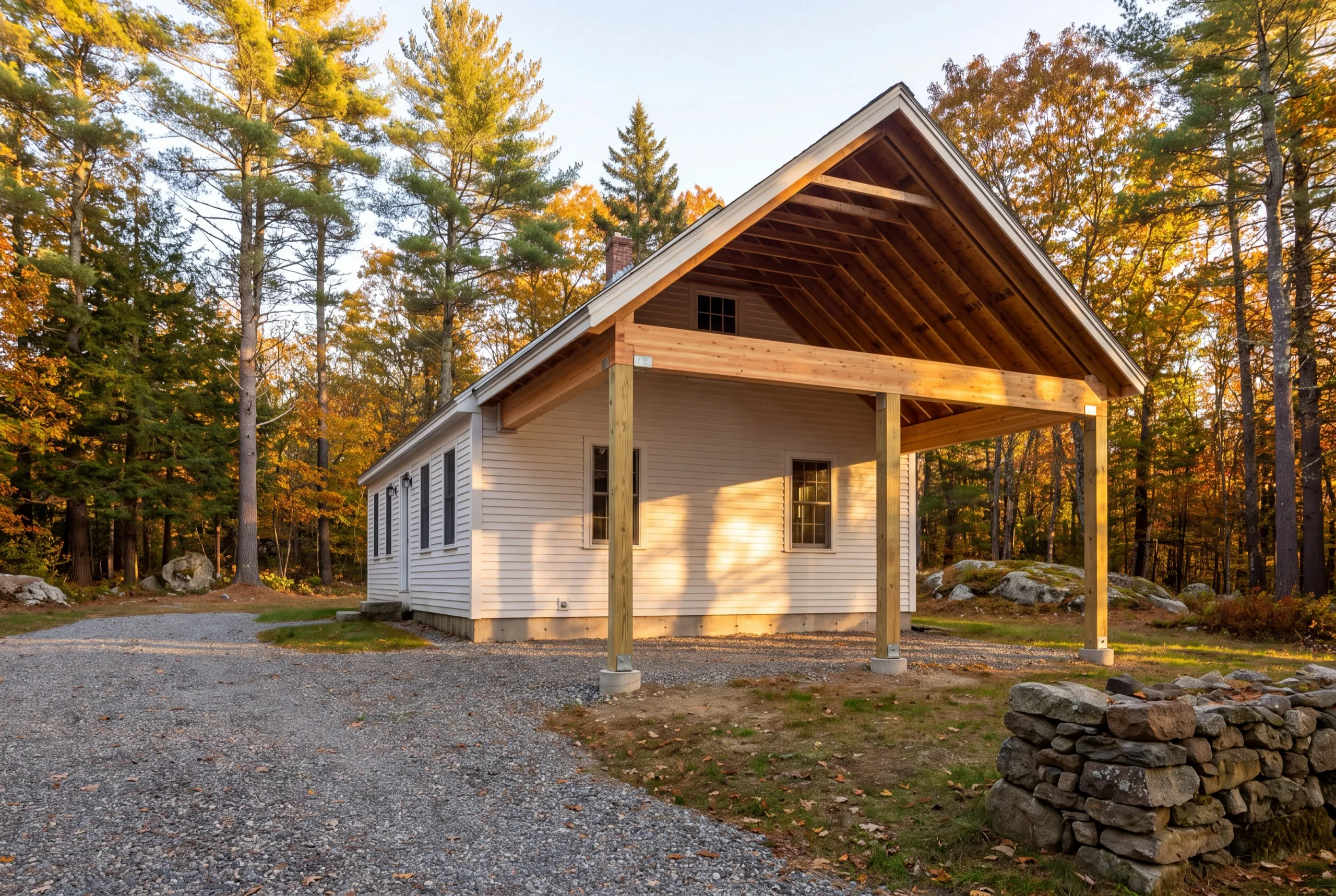General contractor Dresden Maine: new post and beam porch roof on piers at a house gable end