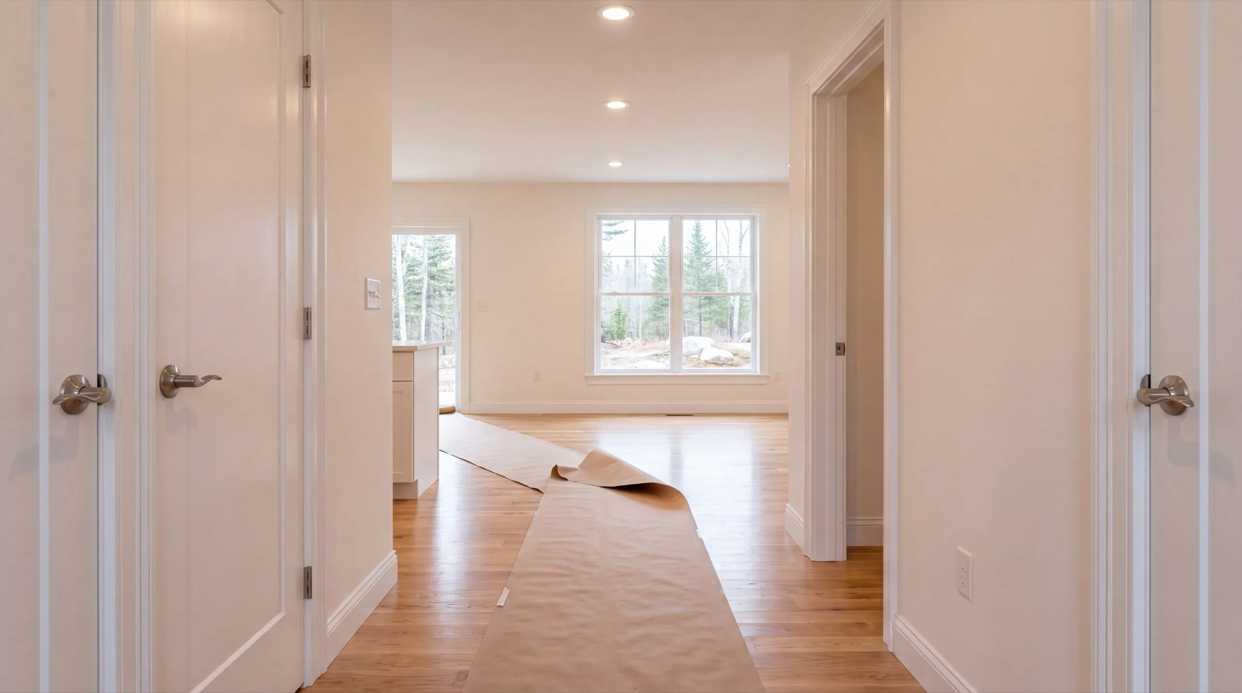 Residential general contractor Dresden Maine: finished hallway with white doors and a paper runner over new wood floors