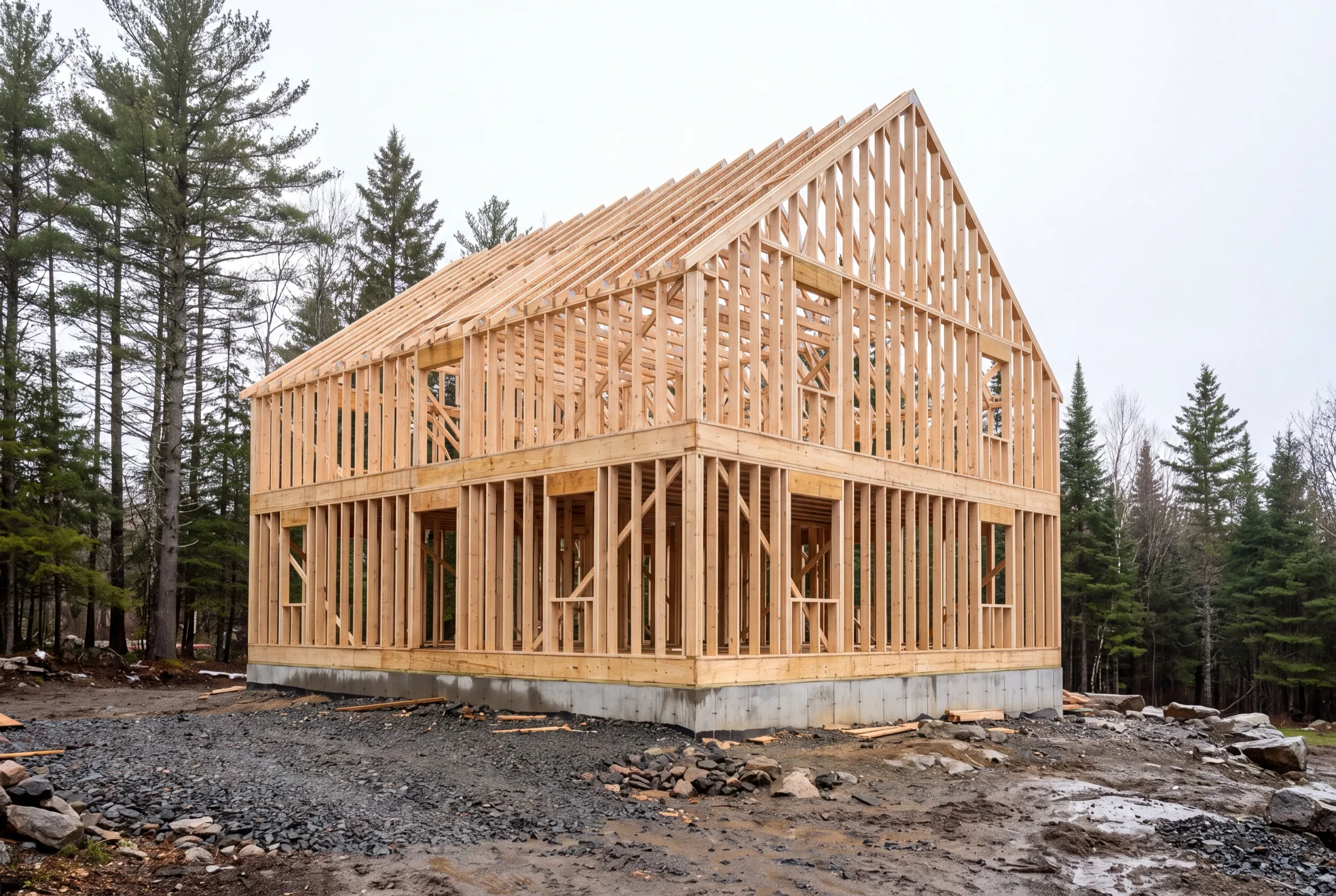 Construction company Dresden Maine: new two-story house frame with rafters set on a foundation among pines