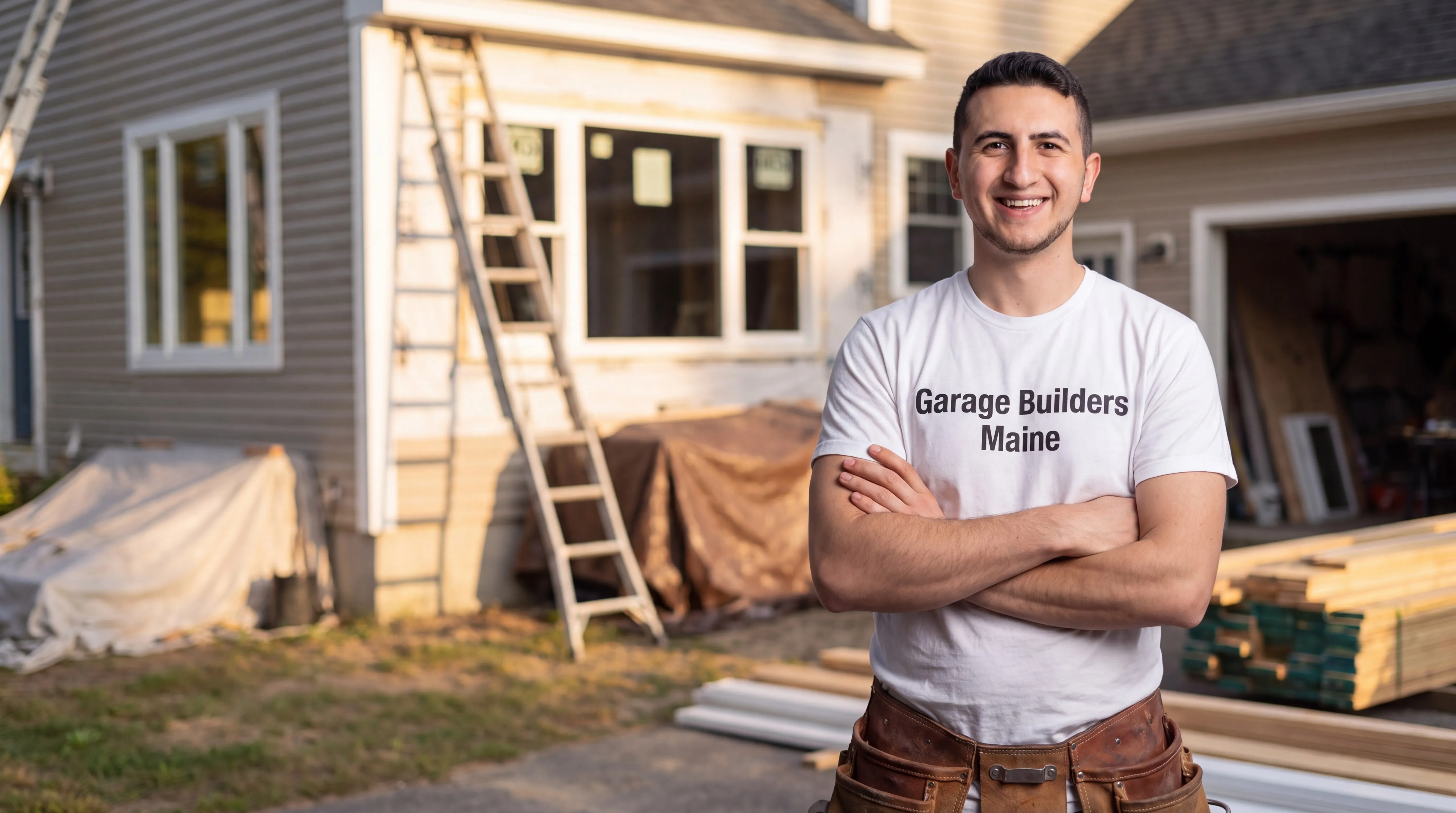 Owner of Garage Builders Maine standing with his arms crossed and smiling at a Maine job site
