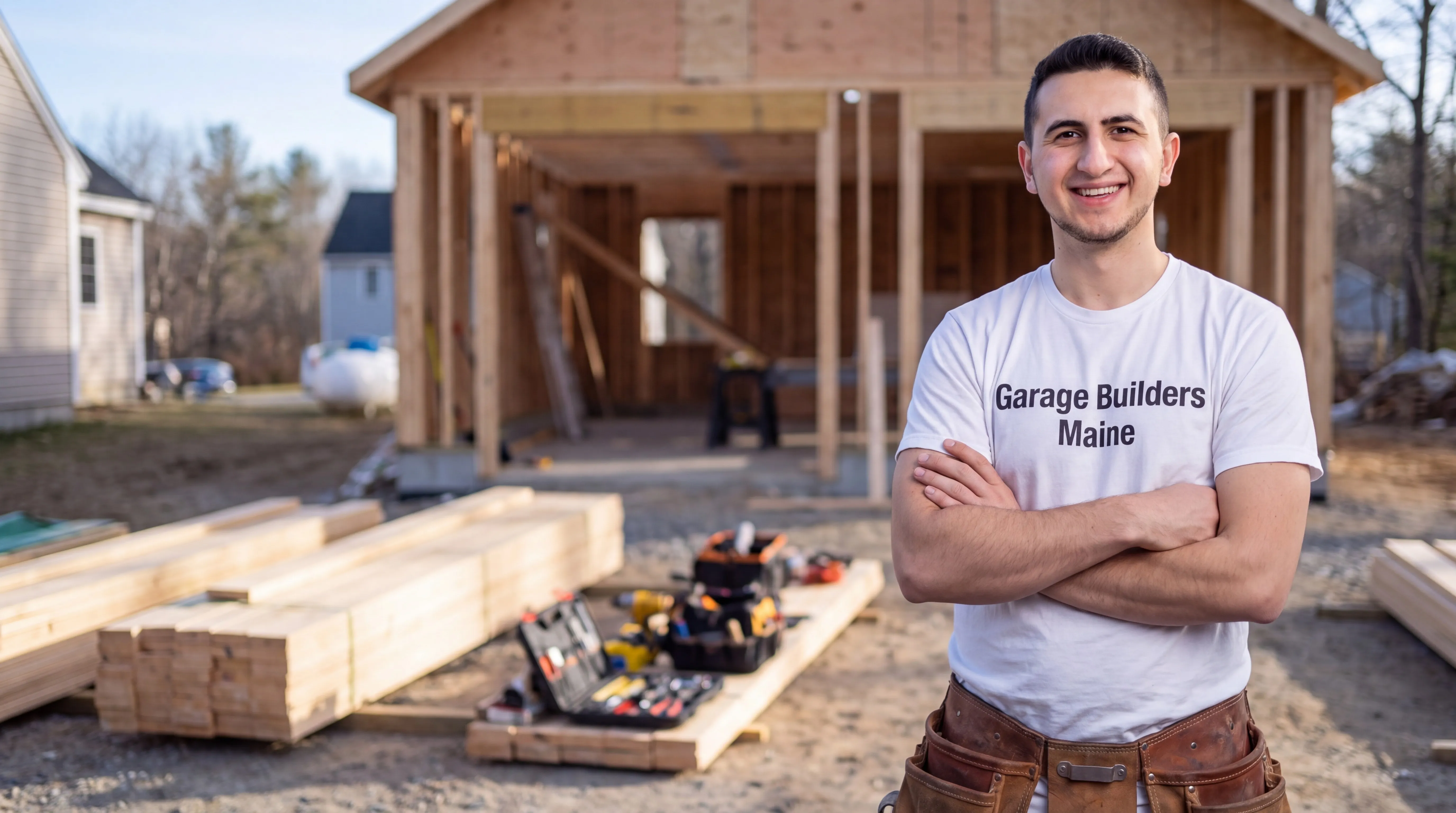 General contractor Gardiner Maine: owner with arms crossed at a framed addition with lumber and tool cases