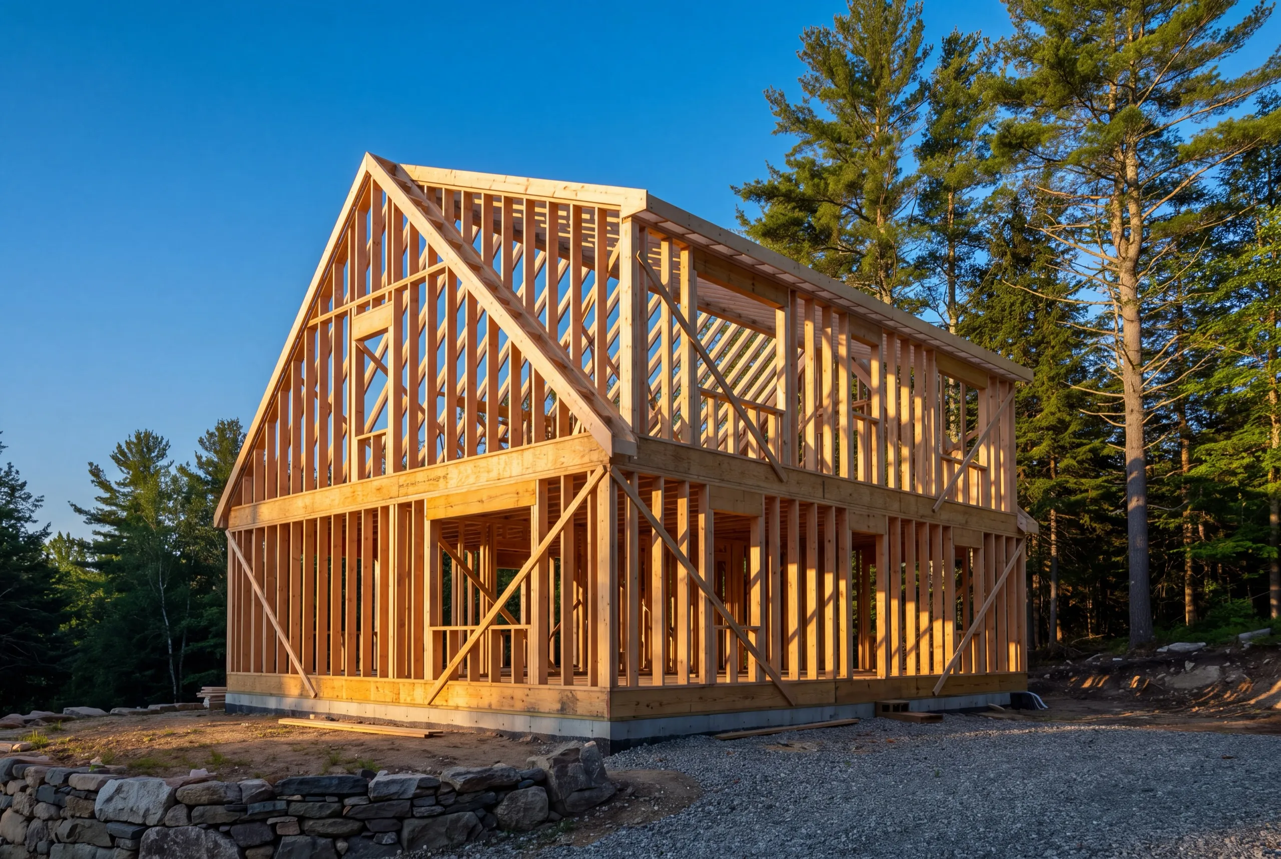 Residential general contractor Gardiner Maine: new two-story house frame with braced walls on a foundation among pines