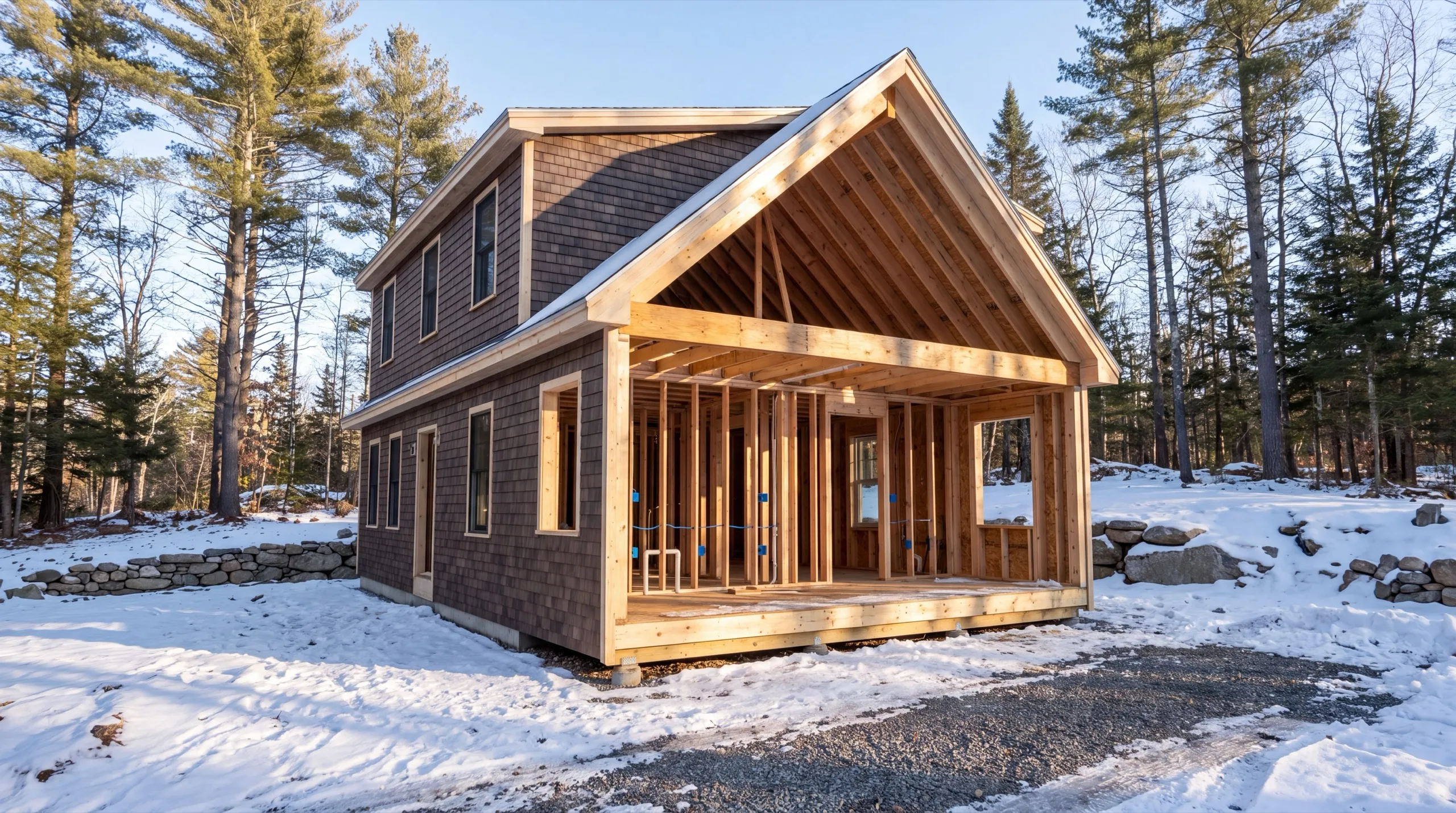 General contractor Gardiner Maine: shingled house with a framed front addition and new plumbing lines in the snow