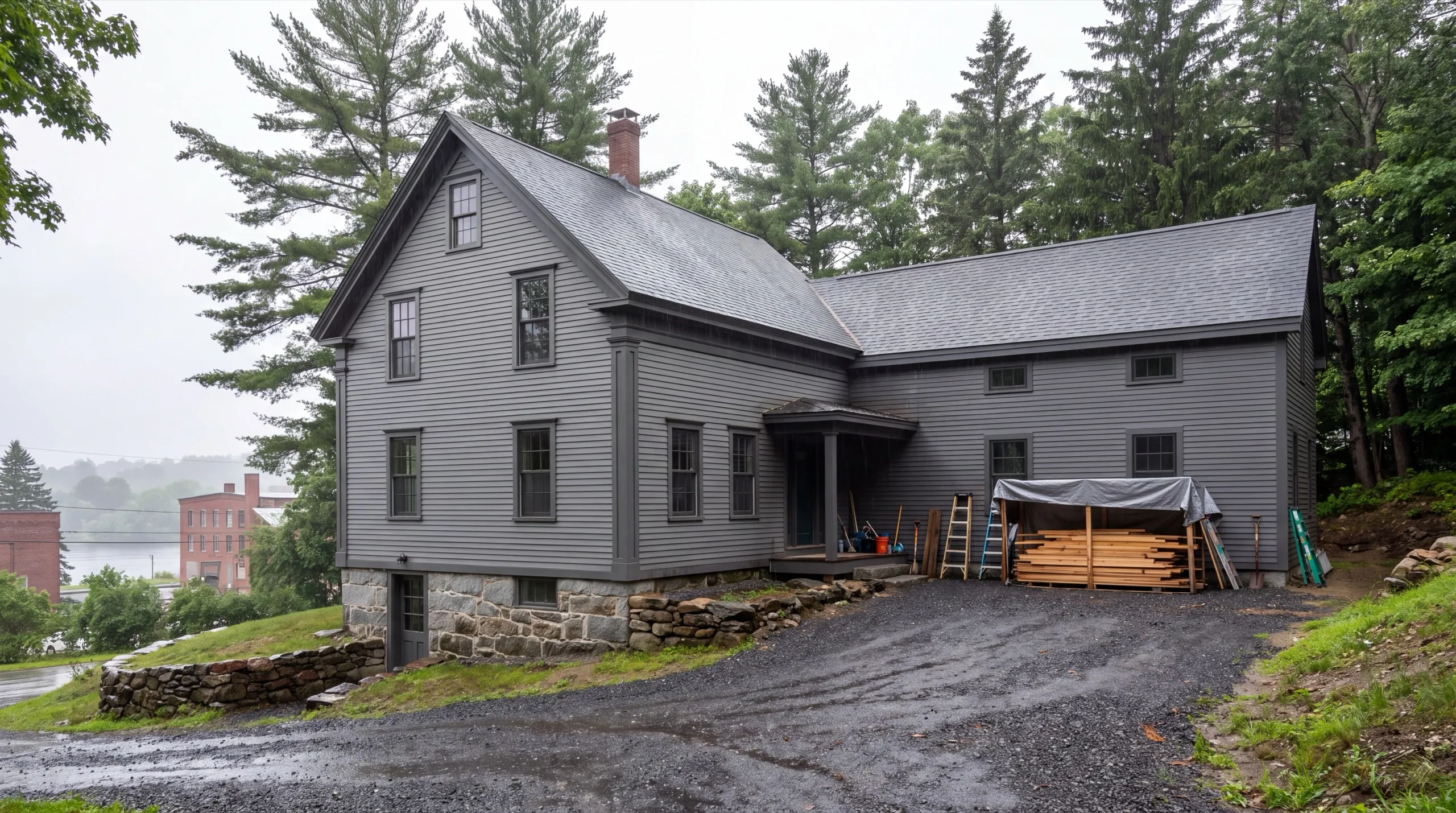 General contractor in Hallowell, ME: gray farmhouse and ell on a granite foundation with ladders and covered lumber