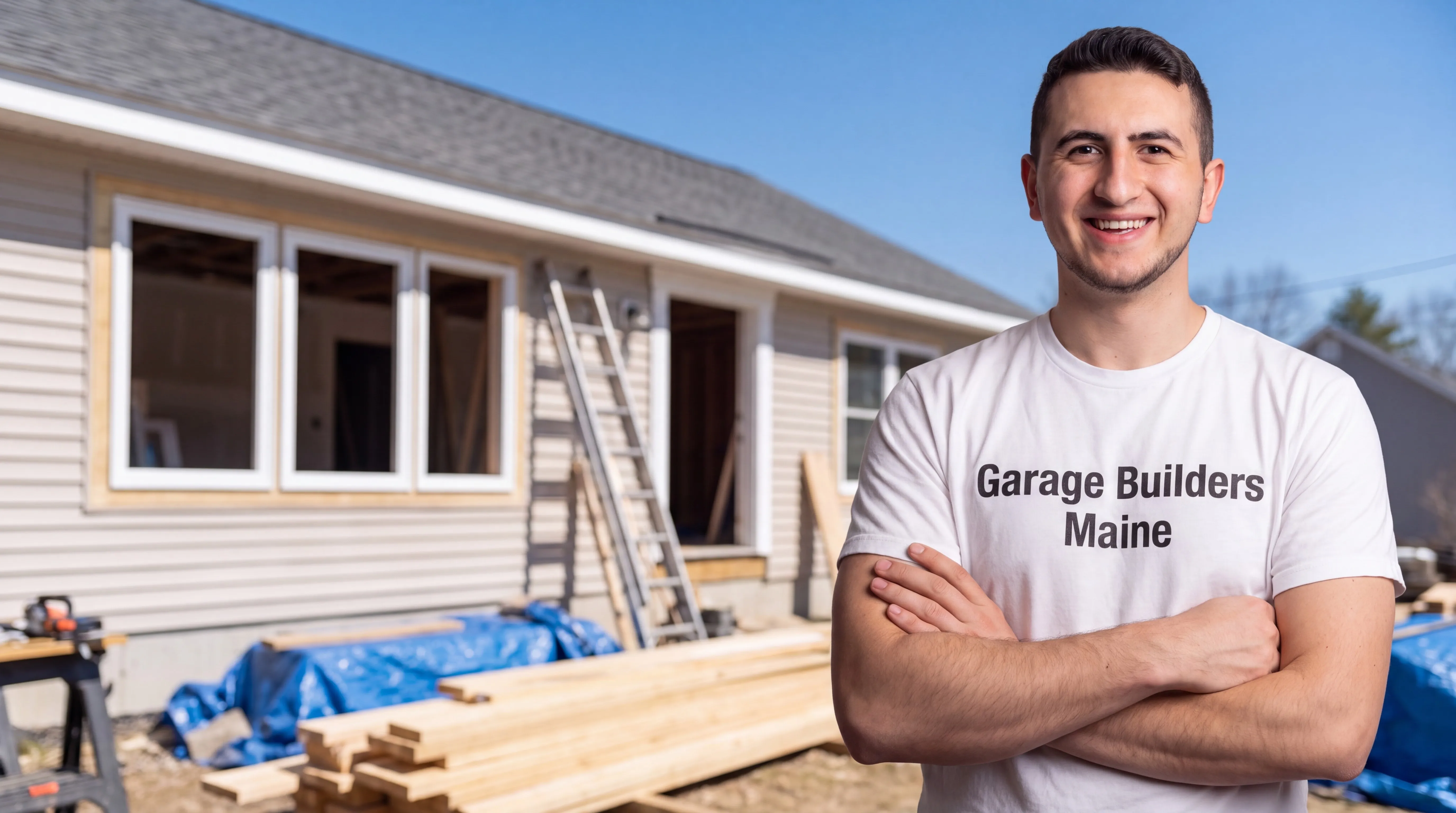 Owner of Garage Builders Maine standing with his arms crossed and smiling at a Maine job site