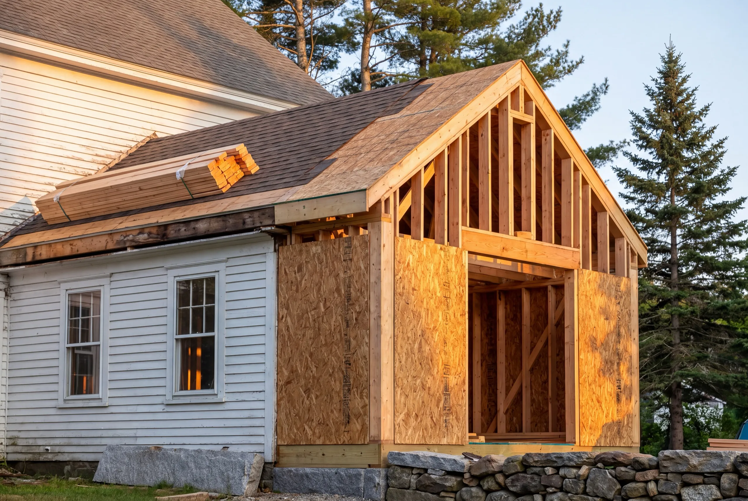 Residential general contractor Hallowell Maine: one-story gable addition framed and partly sheathed against a white house