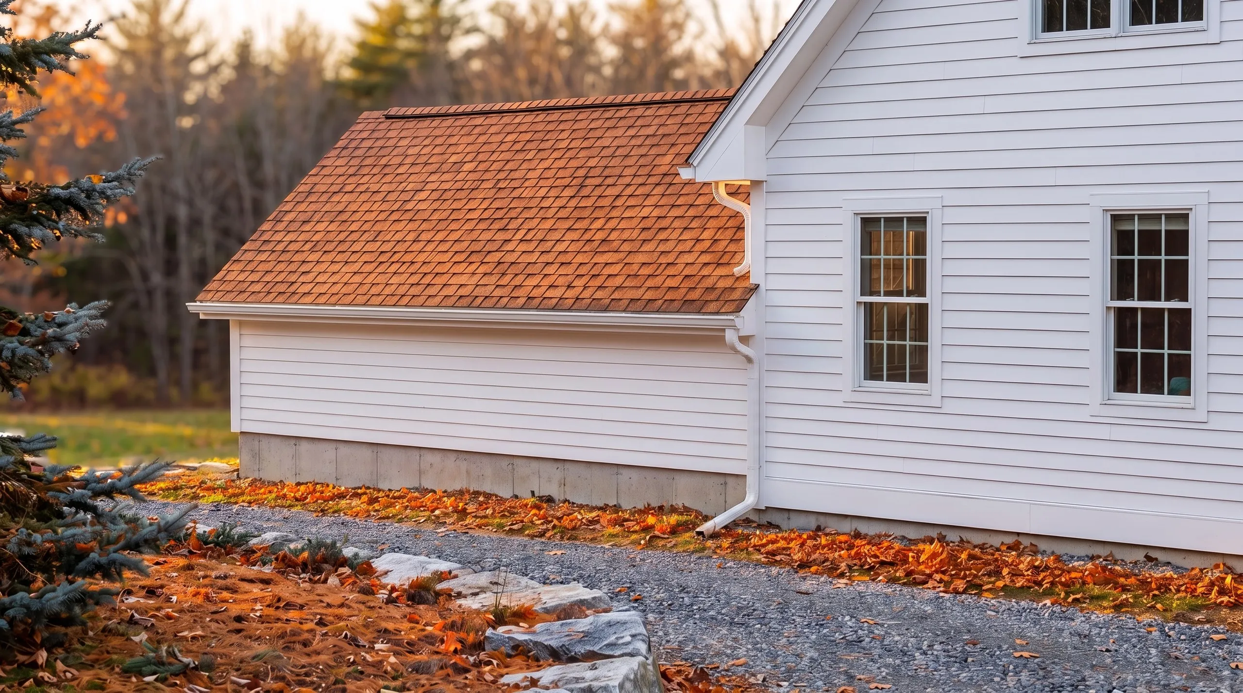 general contractor in Central Maine: white clapboard house with a low shingled wing on a concrete foundation beside a gravel drive
