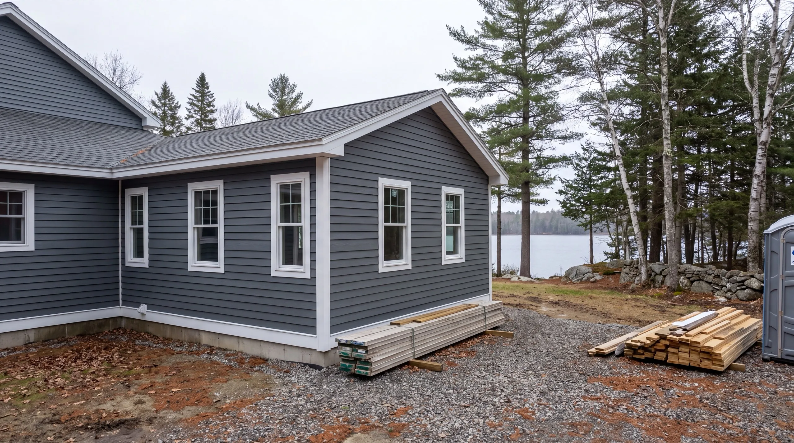 General contractor in Jefferson, ME: gray sided house wing with stacked lumber and a portable toilet near a lake