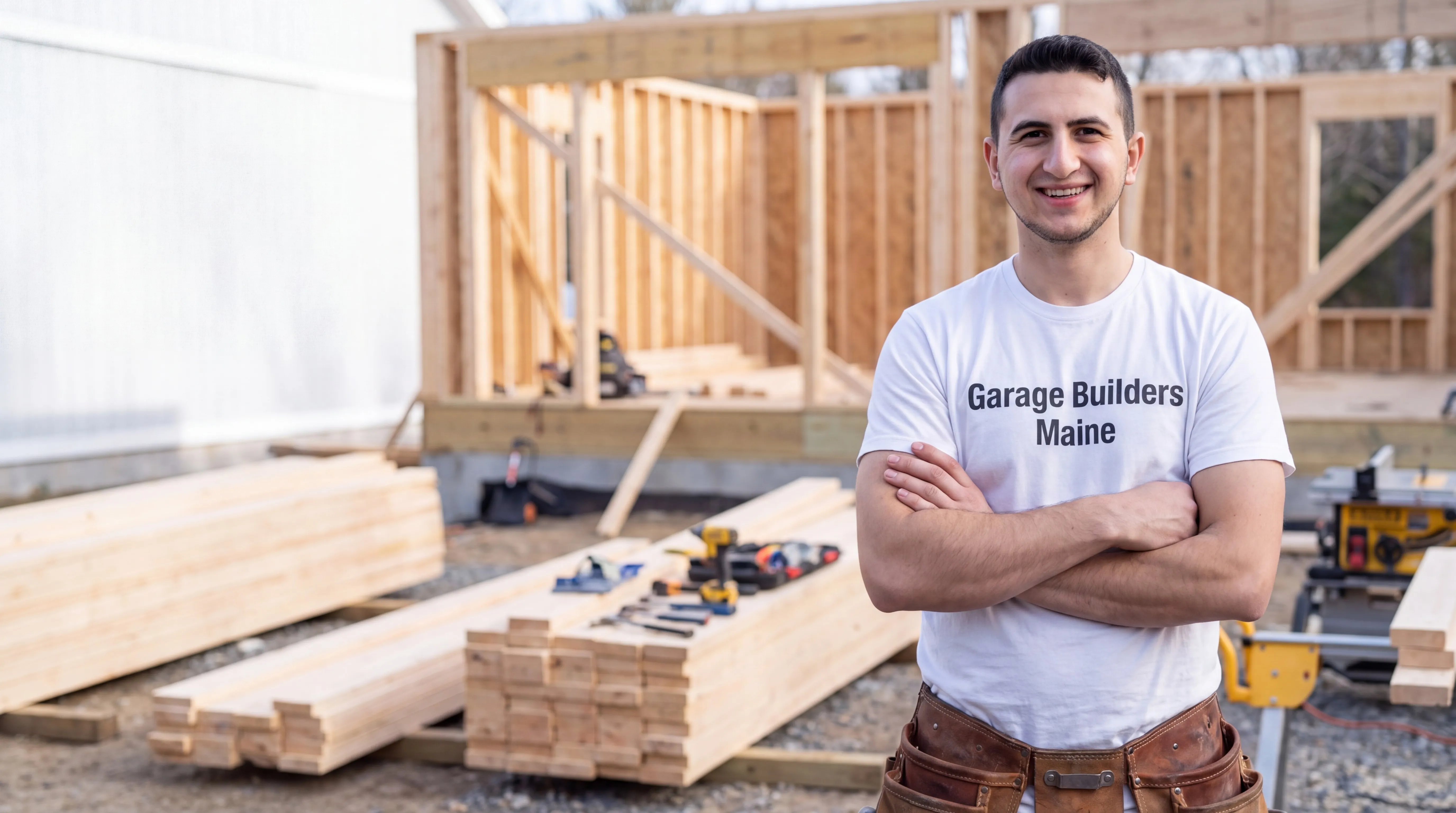 Owner of Garage Builders Maine standing with his arms crossed and smiling at a Maine job site