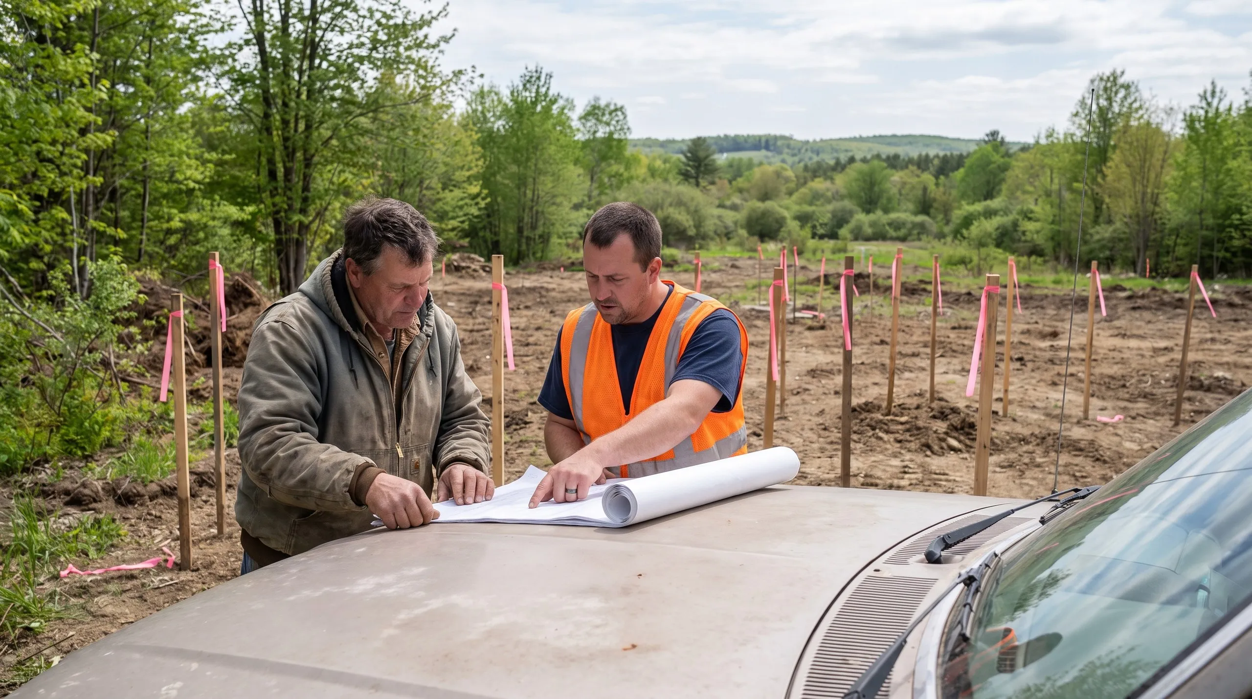 Construction company Jefferson Maine: two men, one in an orange safety vest, reviewing plans on a truck hood at a staked lot