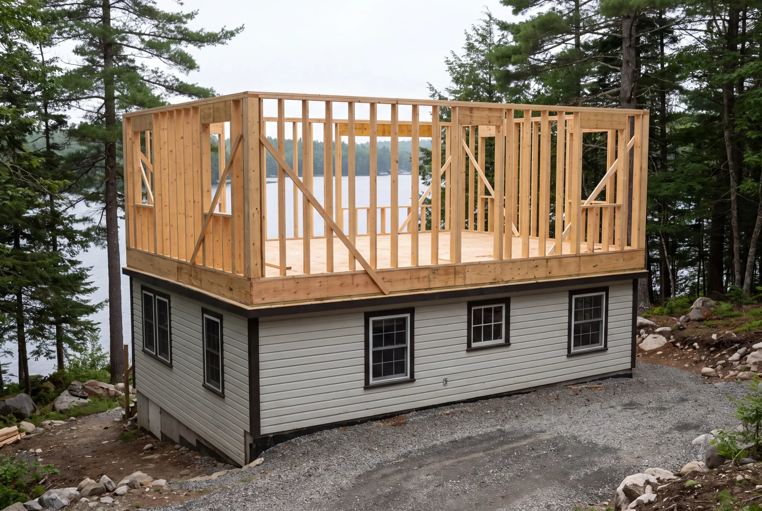 General contractor Jefferson Maine: second-story wall framing on a gray sided first floor above a lake