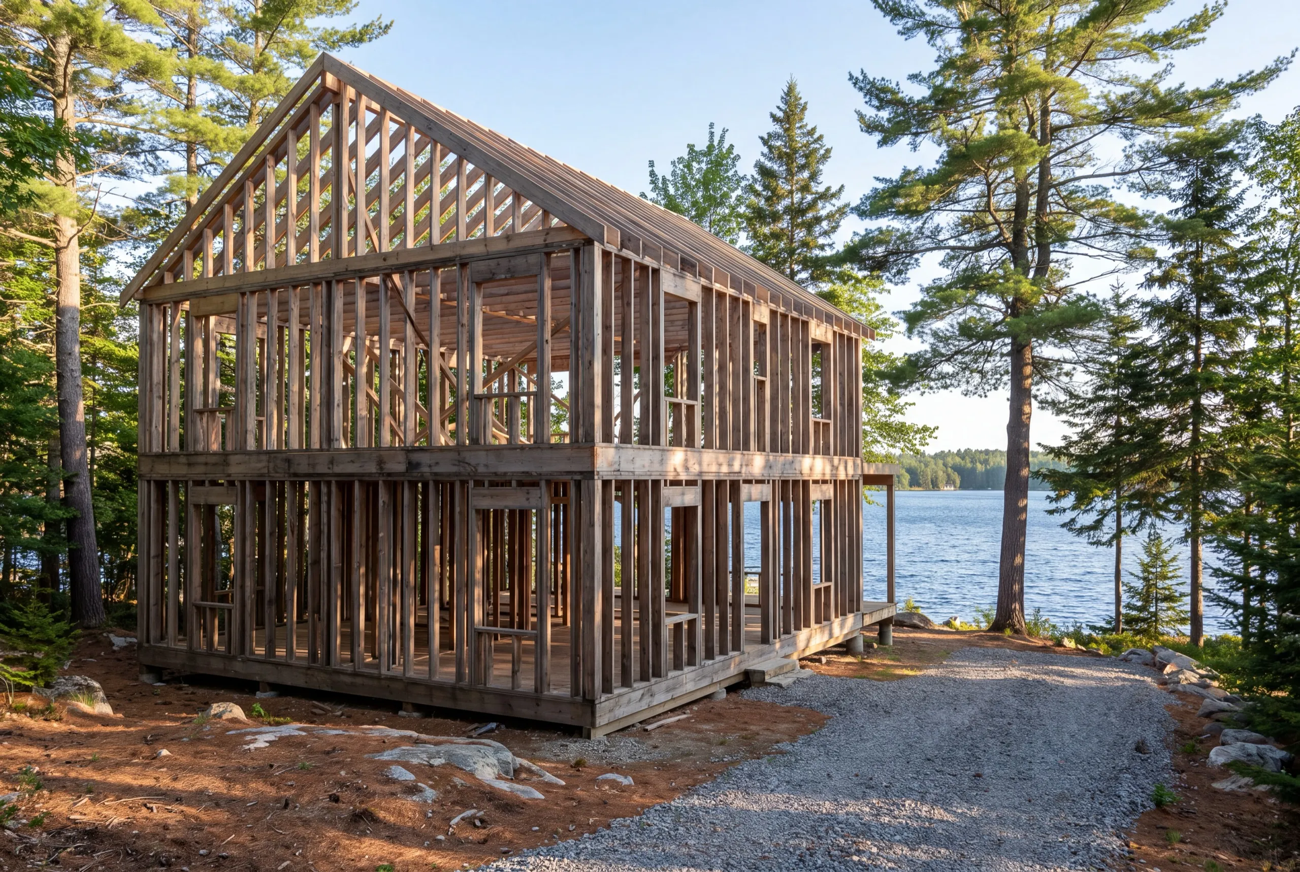 Residential general contractor Jefferson Maine: gray two-story house frame with rafters set on a wooded lot by a lake
