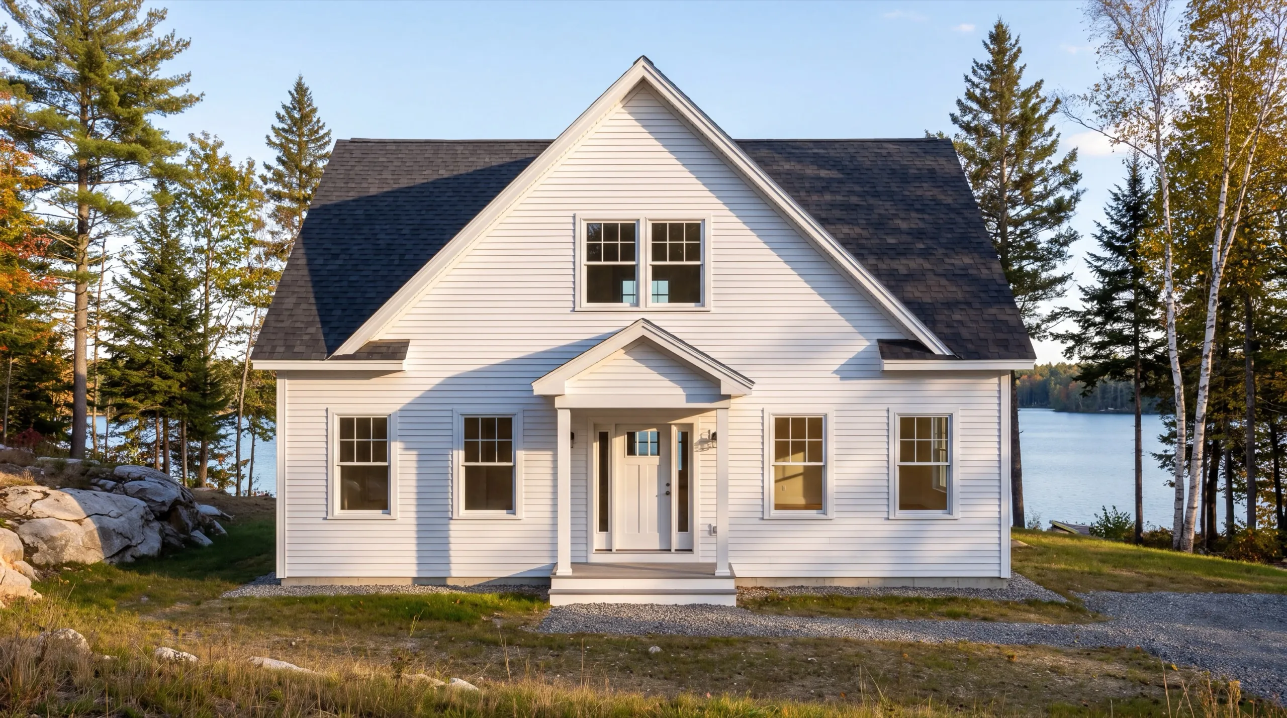Residential general contractor Jefferson Maine: finished white cape with a gable entry porch by a lake