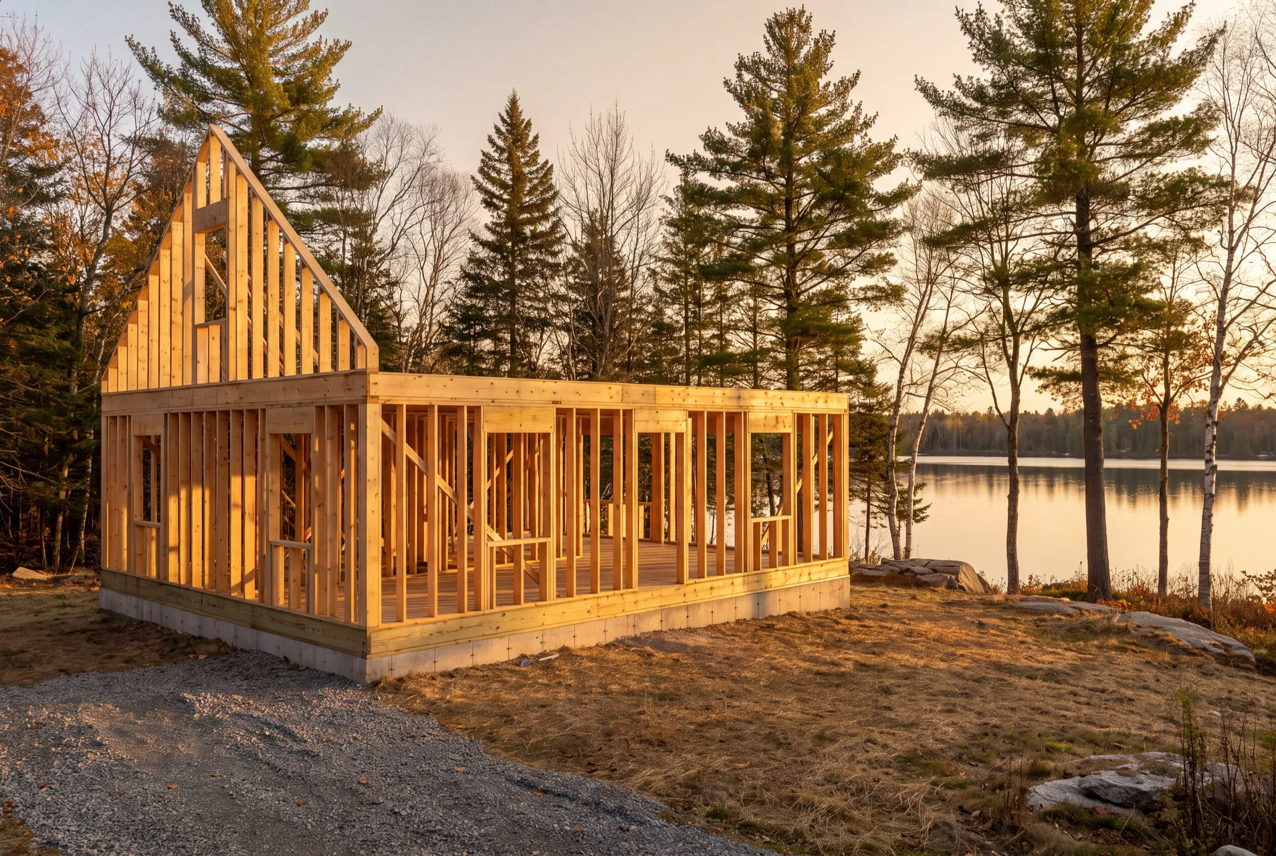 Residential general contractor Jefferson Maine: new one-story wall framing with a gable end on a foundation by a lake