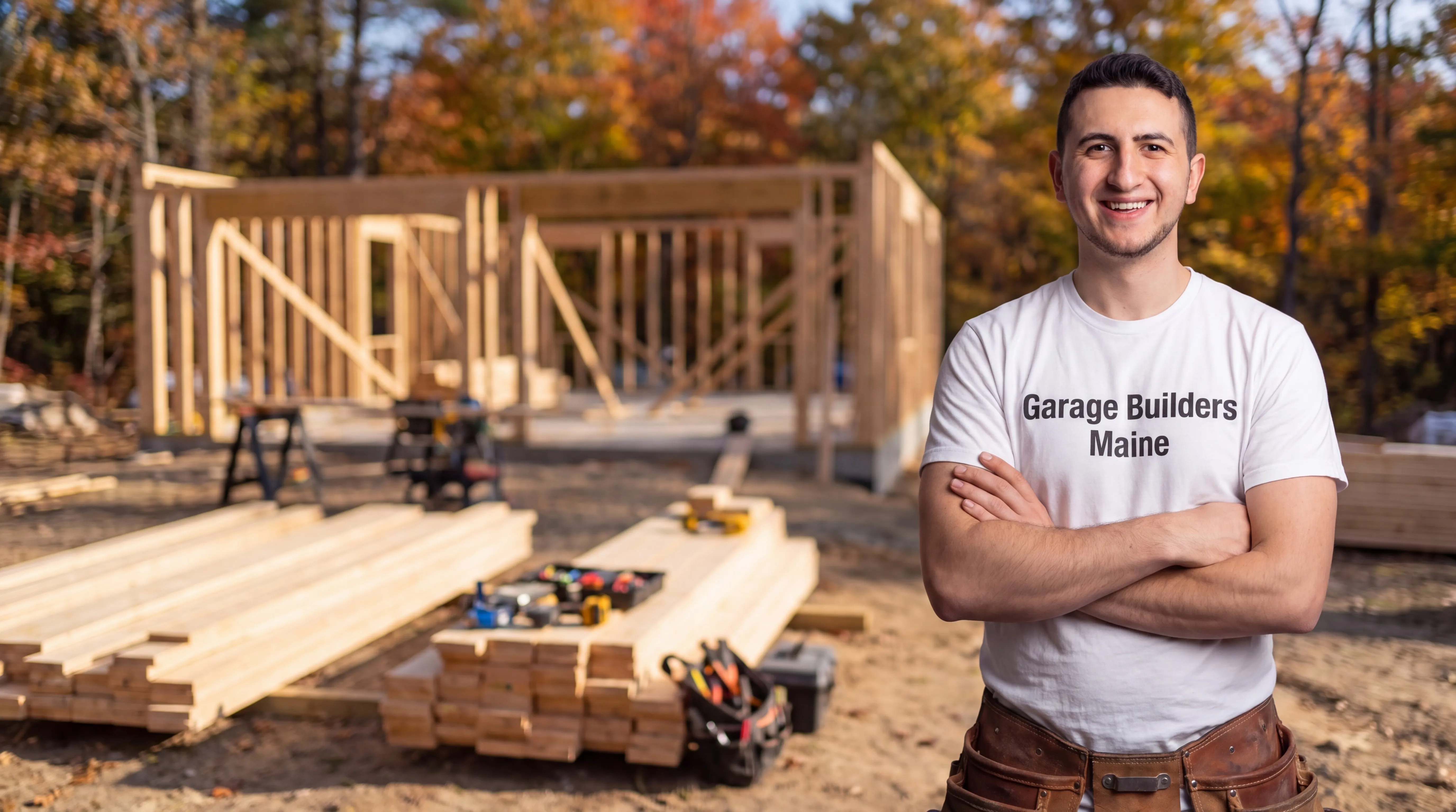 General contractor Litchfield Maine: owner with arms crossed at a framing site with stacked lumber and tool bags