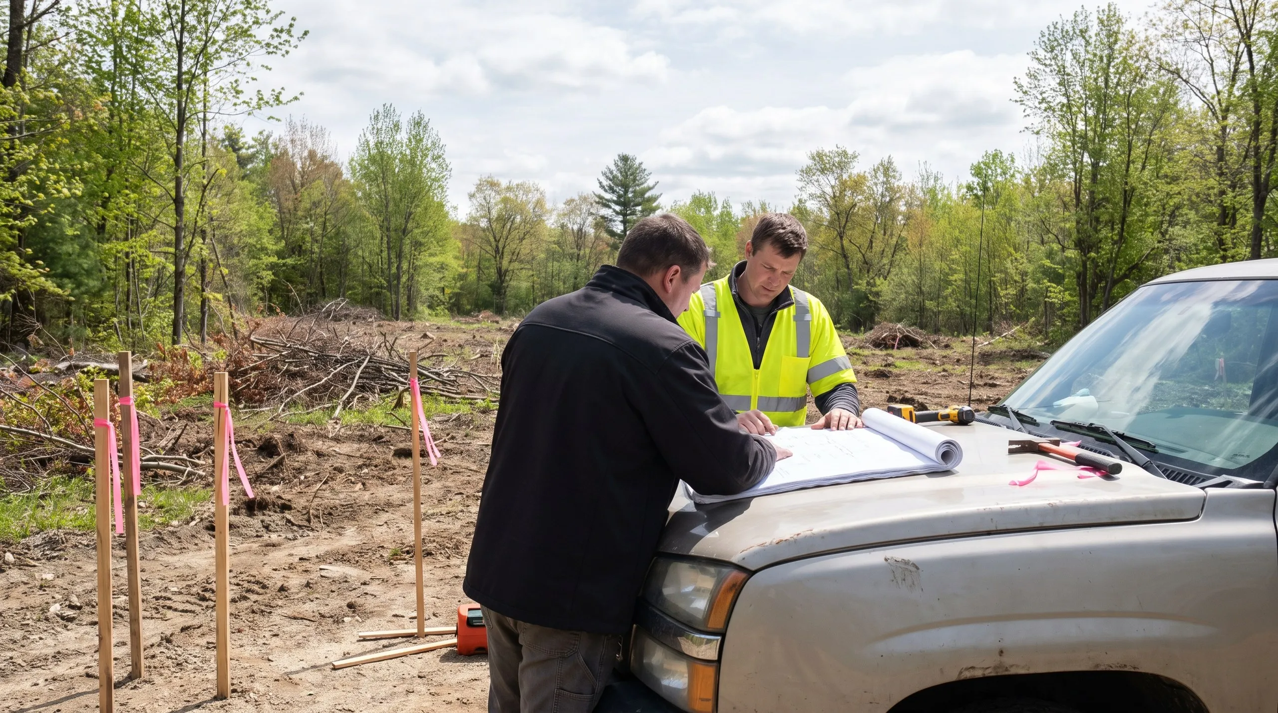 Construction company Litchfield Maine: two men reviewing plans on a pickup hood beside a staked, freshly cleared lot