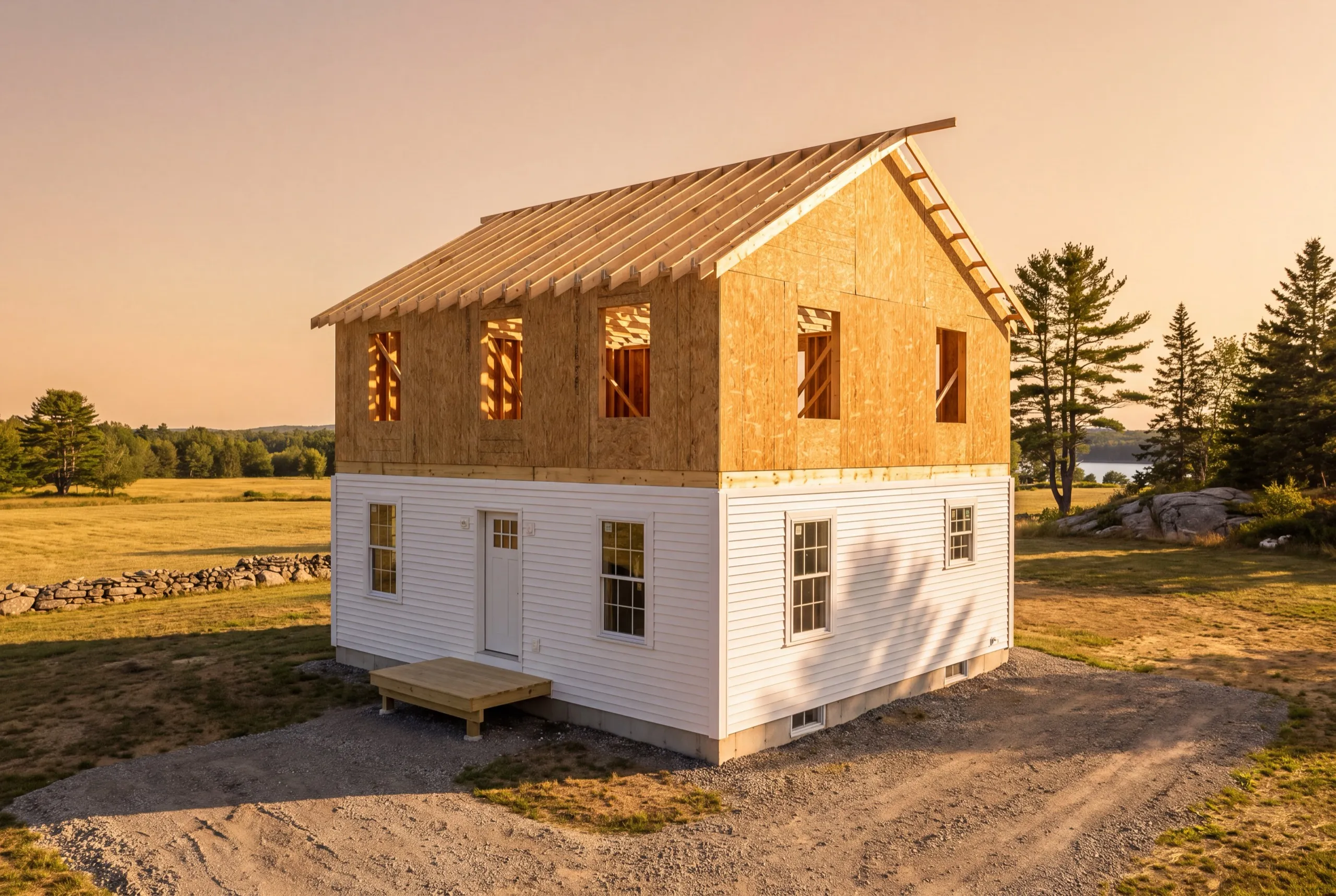 General contractor Litchfield Maine: sheathed second story with rafters set on a white sided first floor