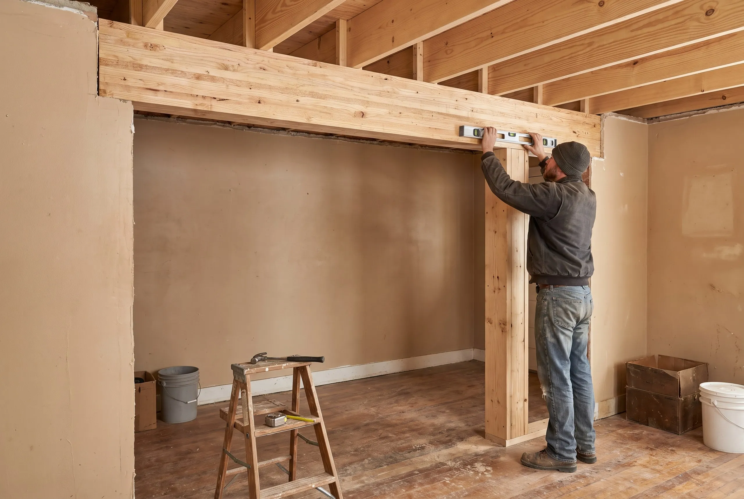 General contractor Litchfield Maine: worker leveling a new built-up wood beam over a new post in a stripped room