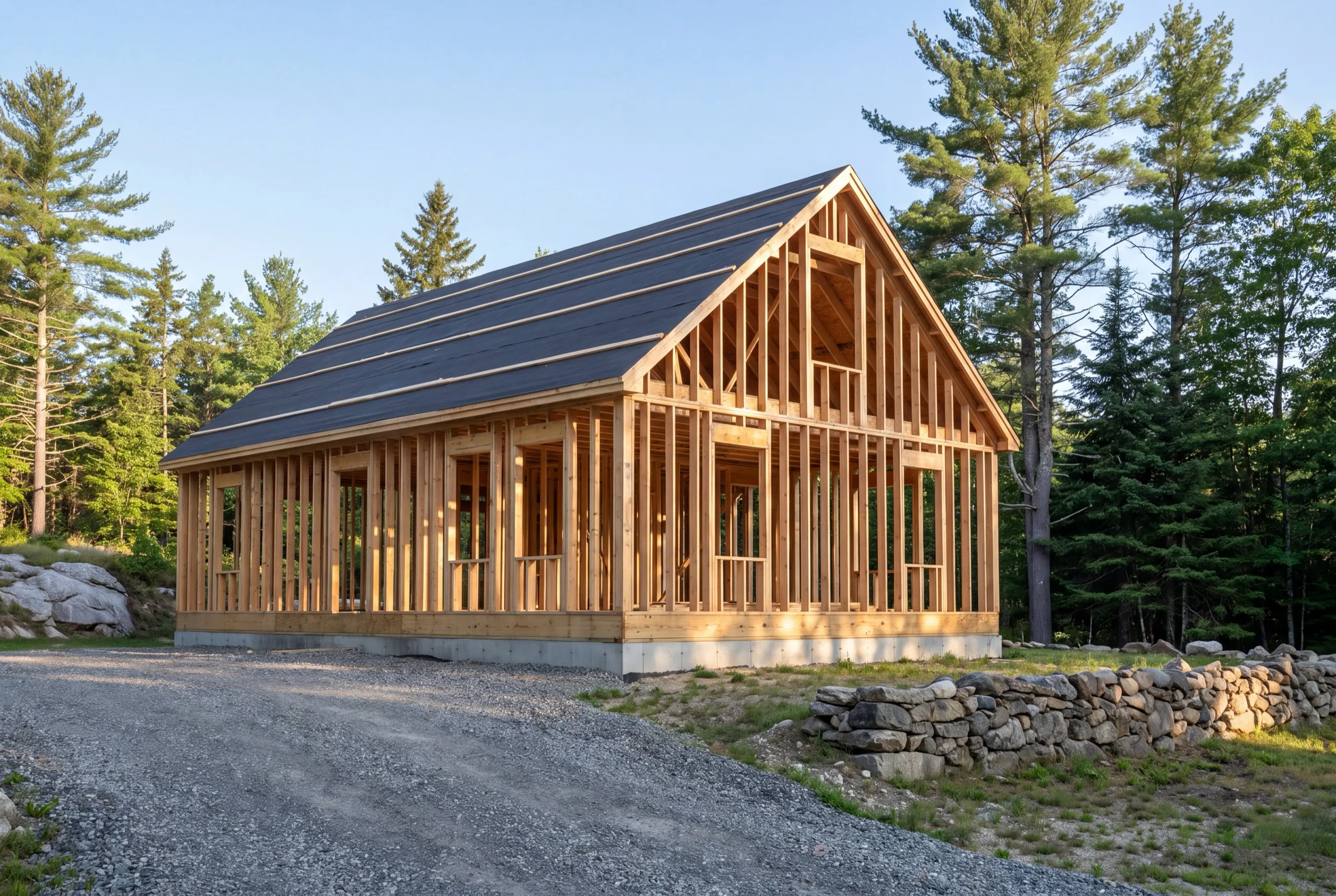 Construction company Litchfield Maine: new house frame with a dark underlayment roof on a foundation