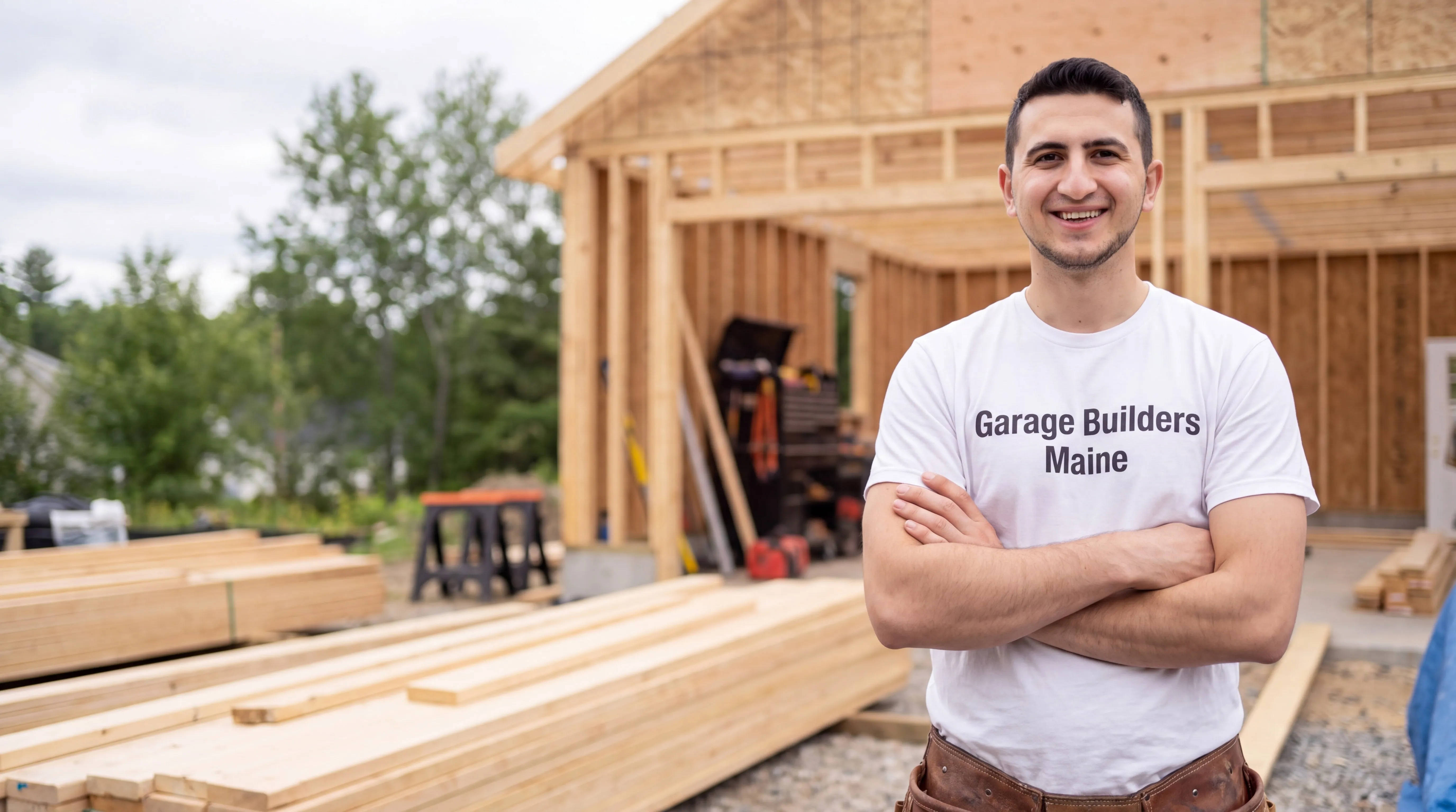 Owner of Garage Builders Maine standing with his arms crossed and smiling at a Maine job site
