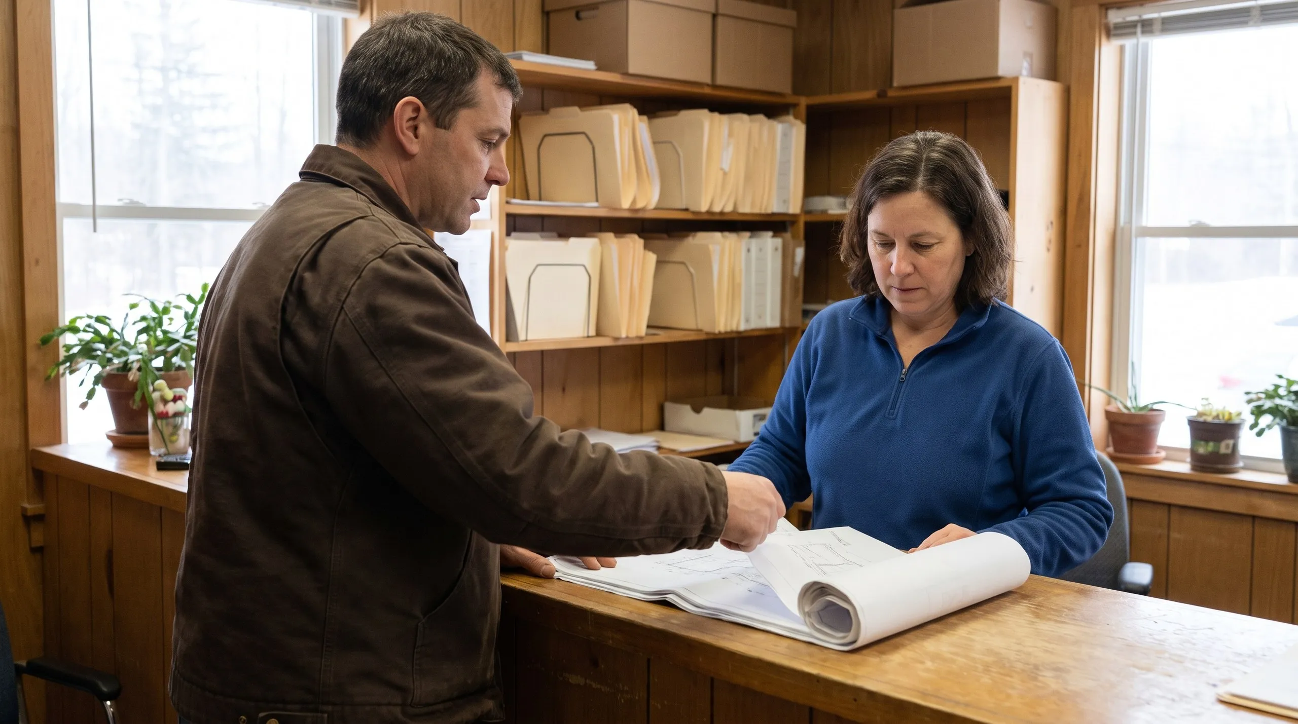 Construction company Manchester Maine: contractor going over rolled building plans with a woman at an office counter by file shelves