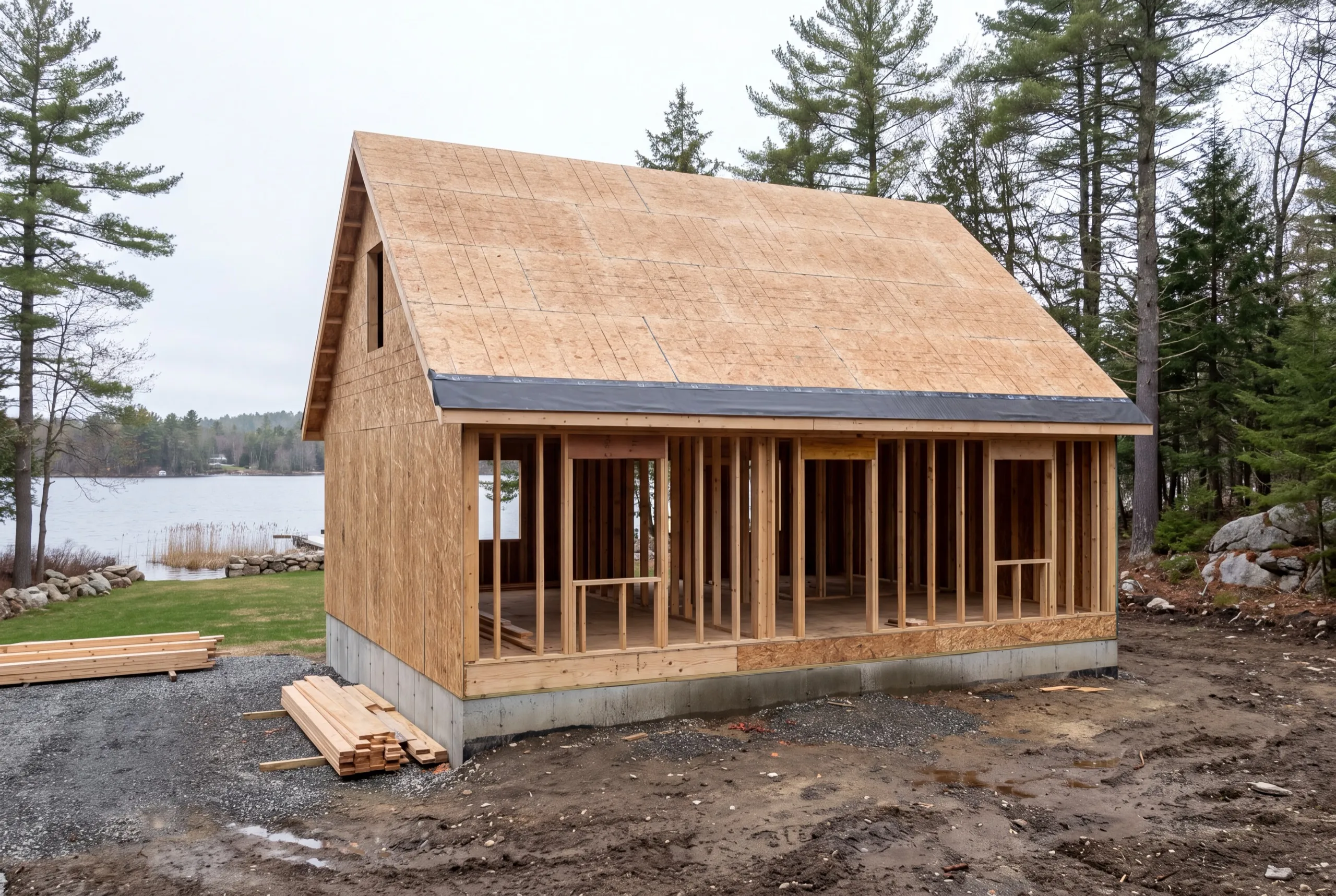 Residential general contractor Manchester Maine: new house frame with sheathed roof and open stud front wall by a lake