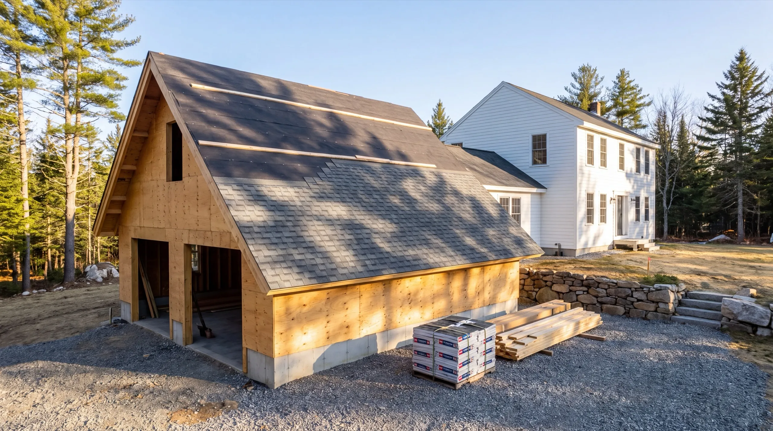 General contractor in Monmouth, ME: sheathed two-bay garage with a half-shingled roof beside a white colonial house