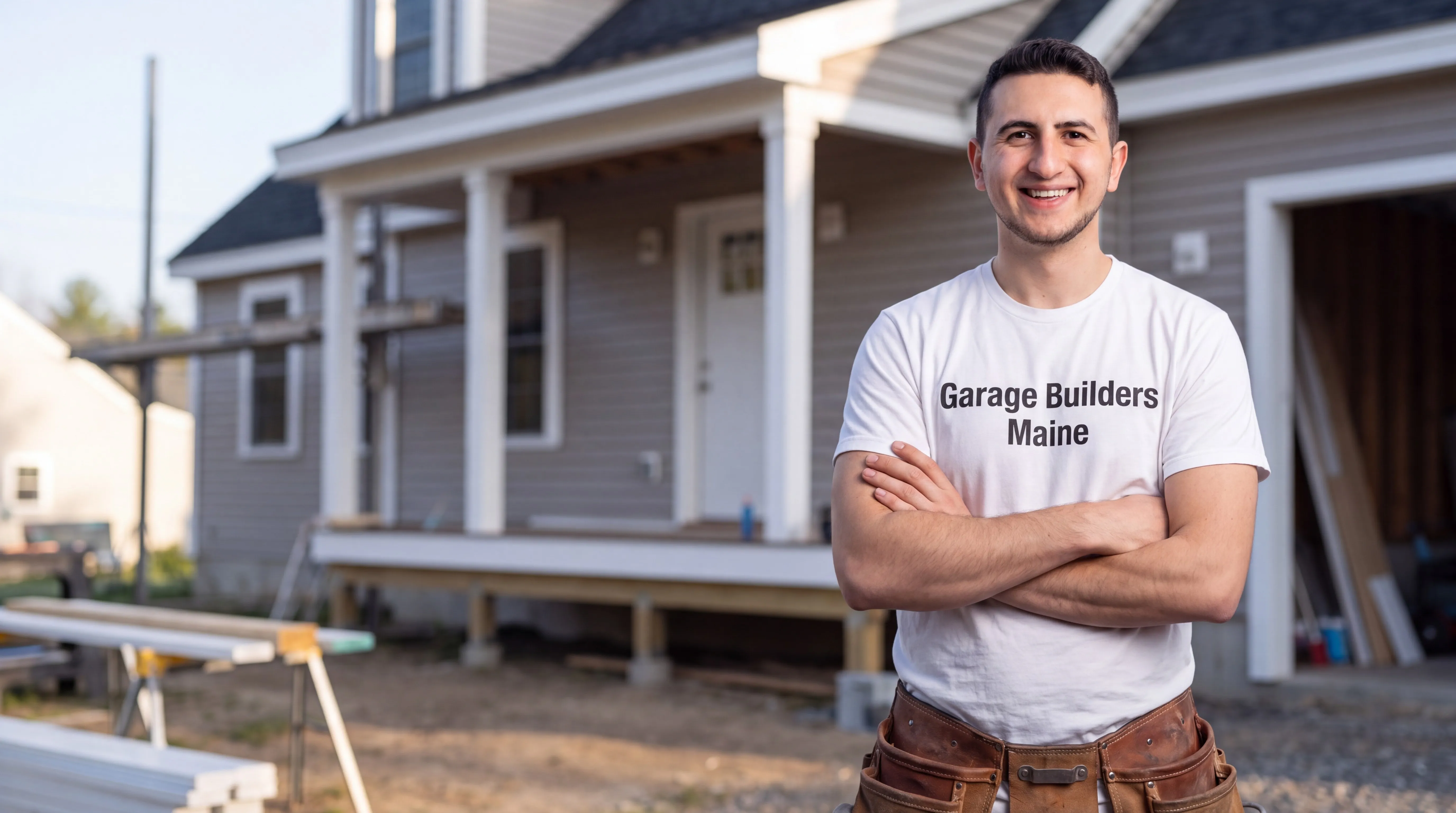 General contractor Monmouth Maine: owner with arms crossed in front of a gray house with a front porch