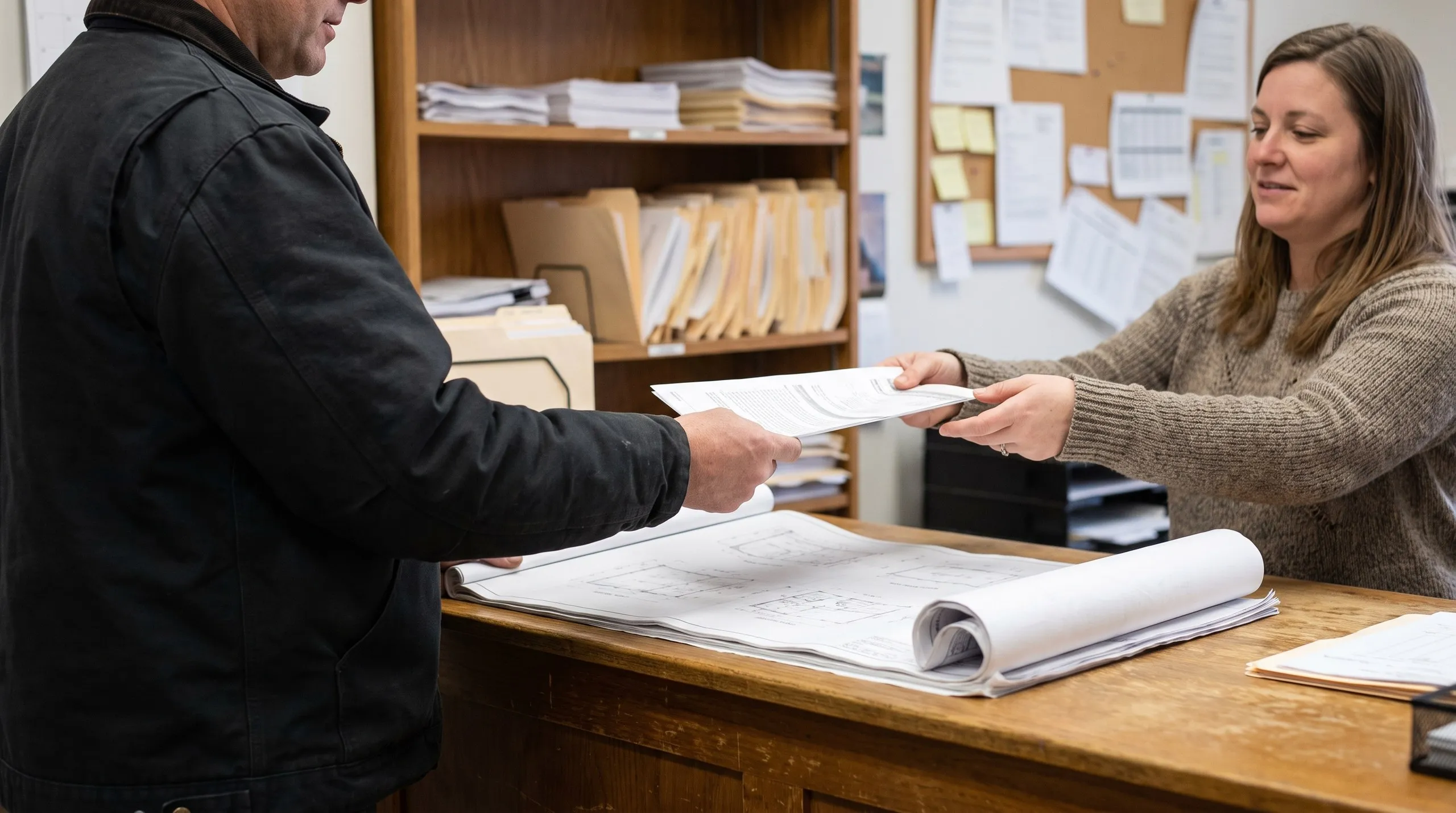 Construction company Monmouth Maine: man handing a form to a clerk across a wooden counter with a plan set laid open
