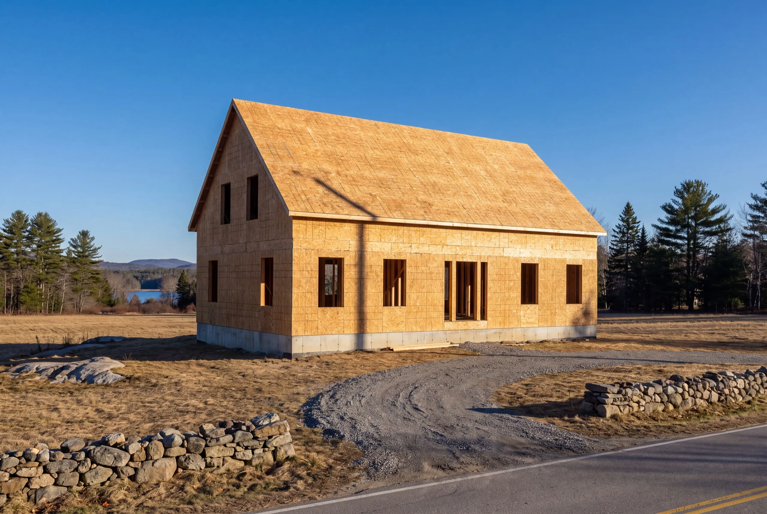 Construction company Monmouth Maine: new sheathed house shell with open window openings on a field lot