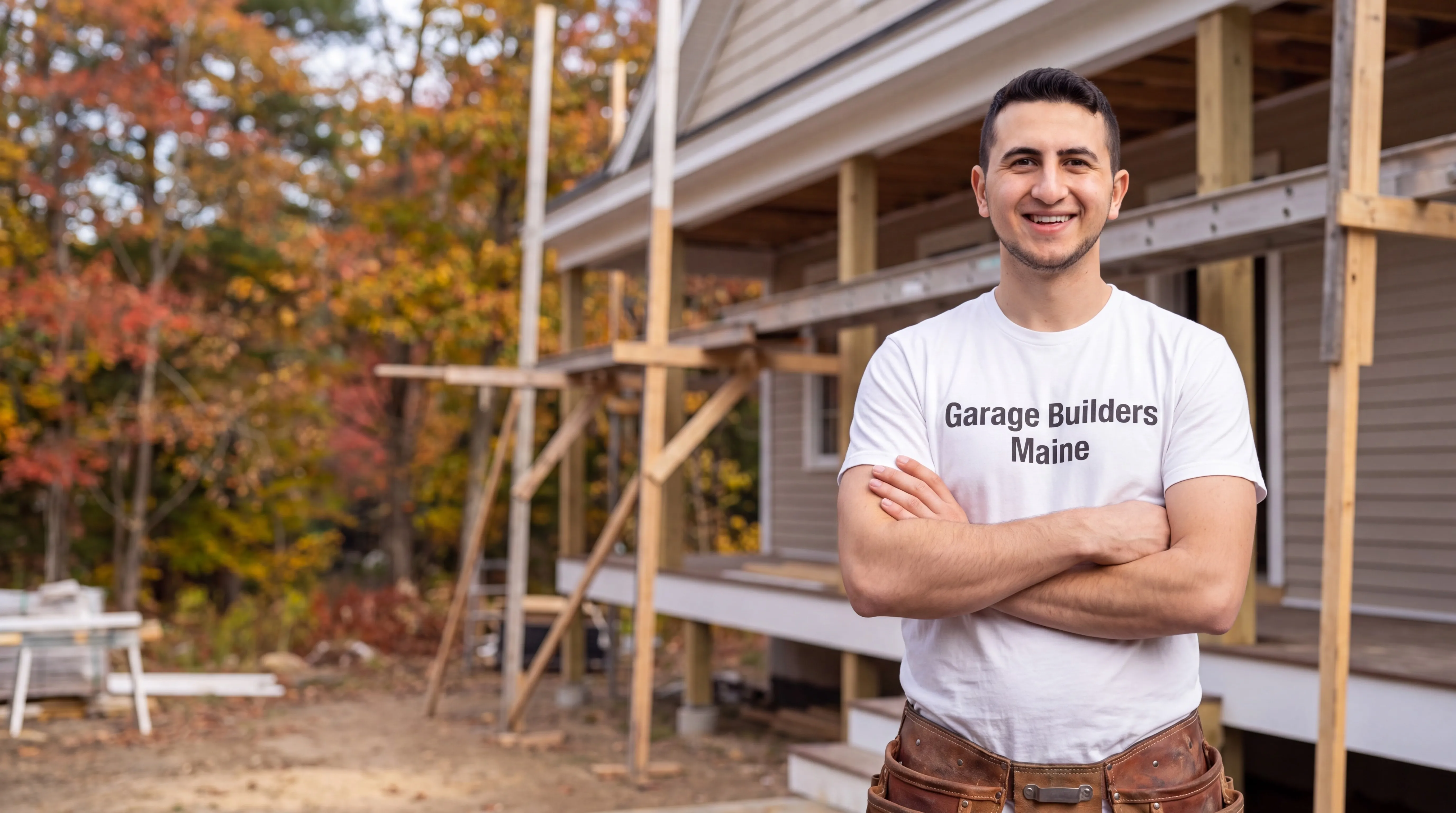 General contractor Pittston Maine: owner with arms crossed in front of porch framing on a gray house