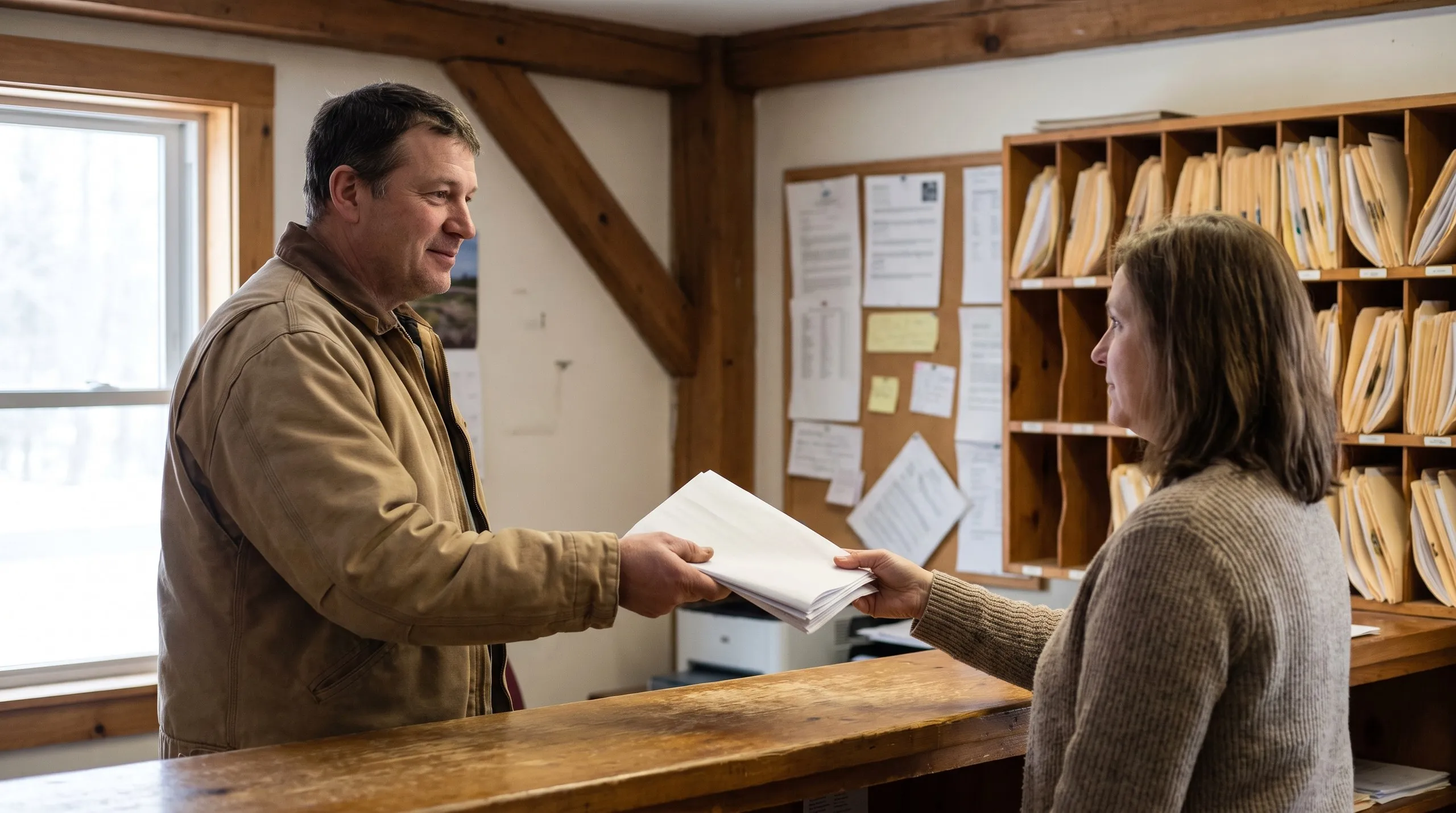 Construction company Pittston Maine: man in a canvas jacket handing a stack of papers to a clerk in a timber-framed office