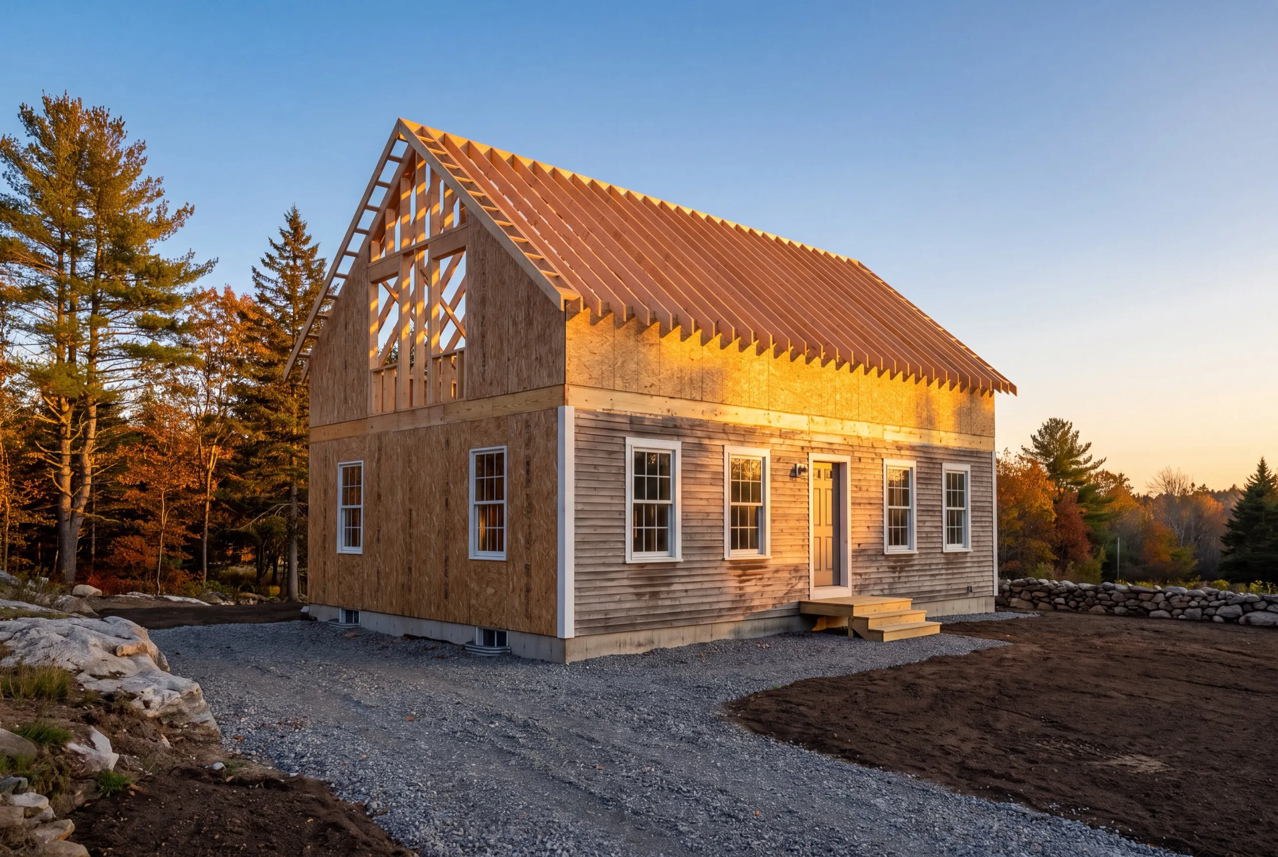 Residential general contractor Pittston Maine: second story sheathed with open rafters set over a sided first floor