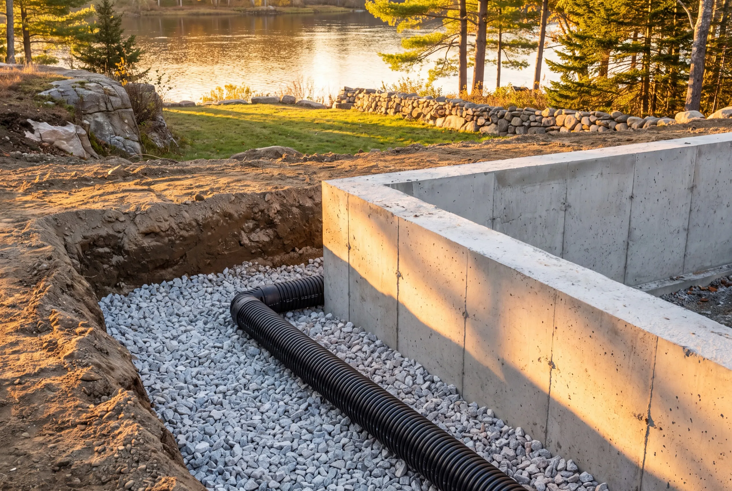 Construction company Pittston Maine: new poured concrete foundation wall with a perimeter drain pipe in crushed stone