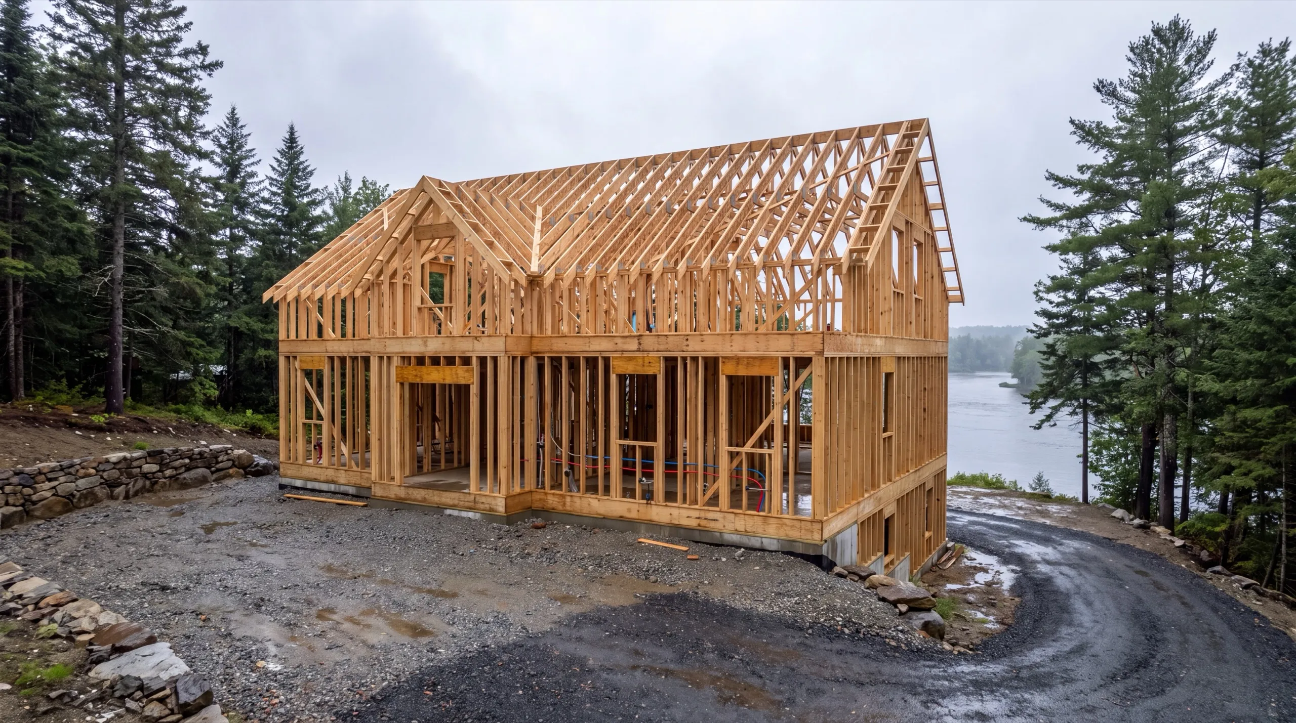 General contractor Pittston Maine: framed two-story house with roof trusses set on a gravel lot