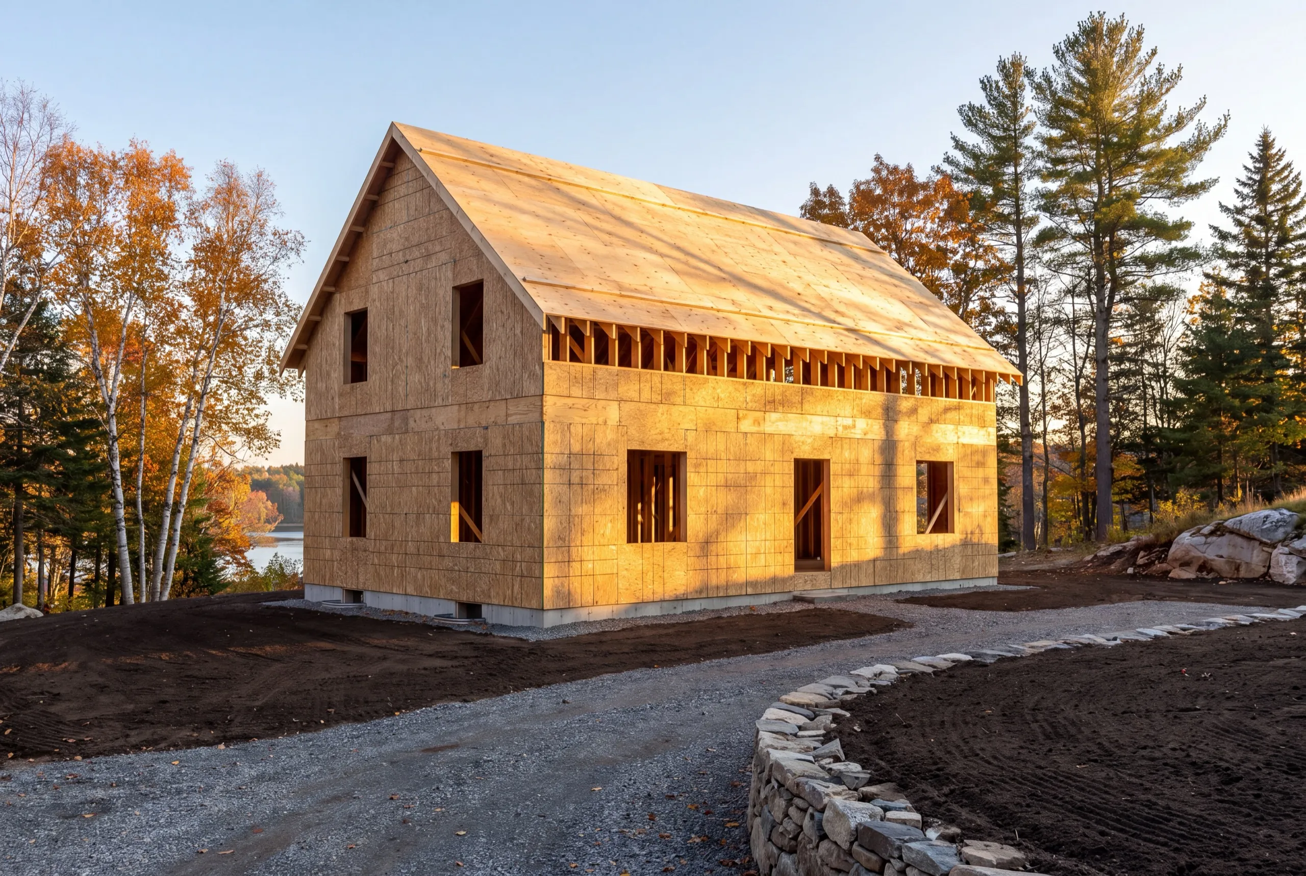 Residential general contractor Pittston Maine: new sheathed two-story house shell with open window openings