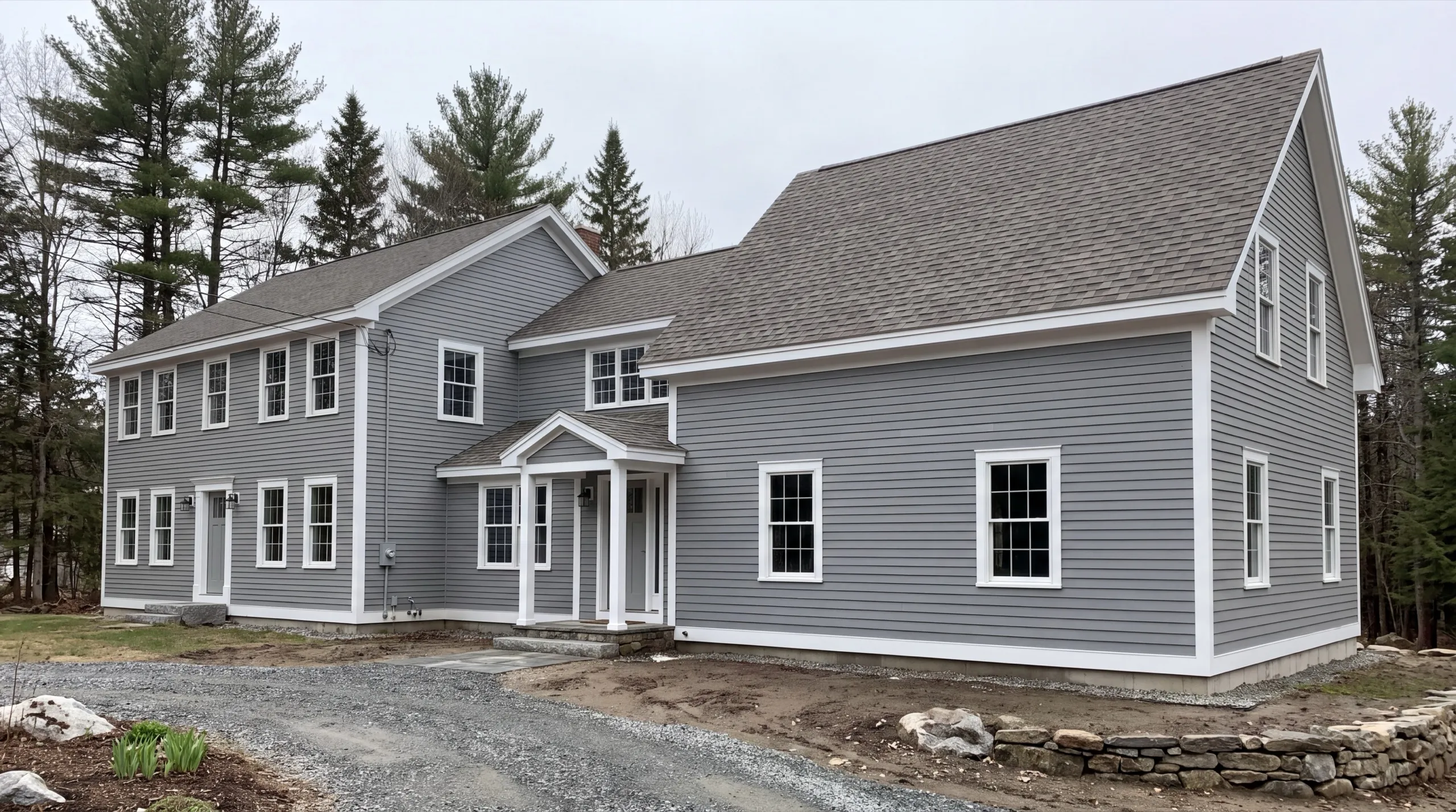 General contractor in Randolph, ME: finished gray colonial with a connected two-story wing and a portico entry