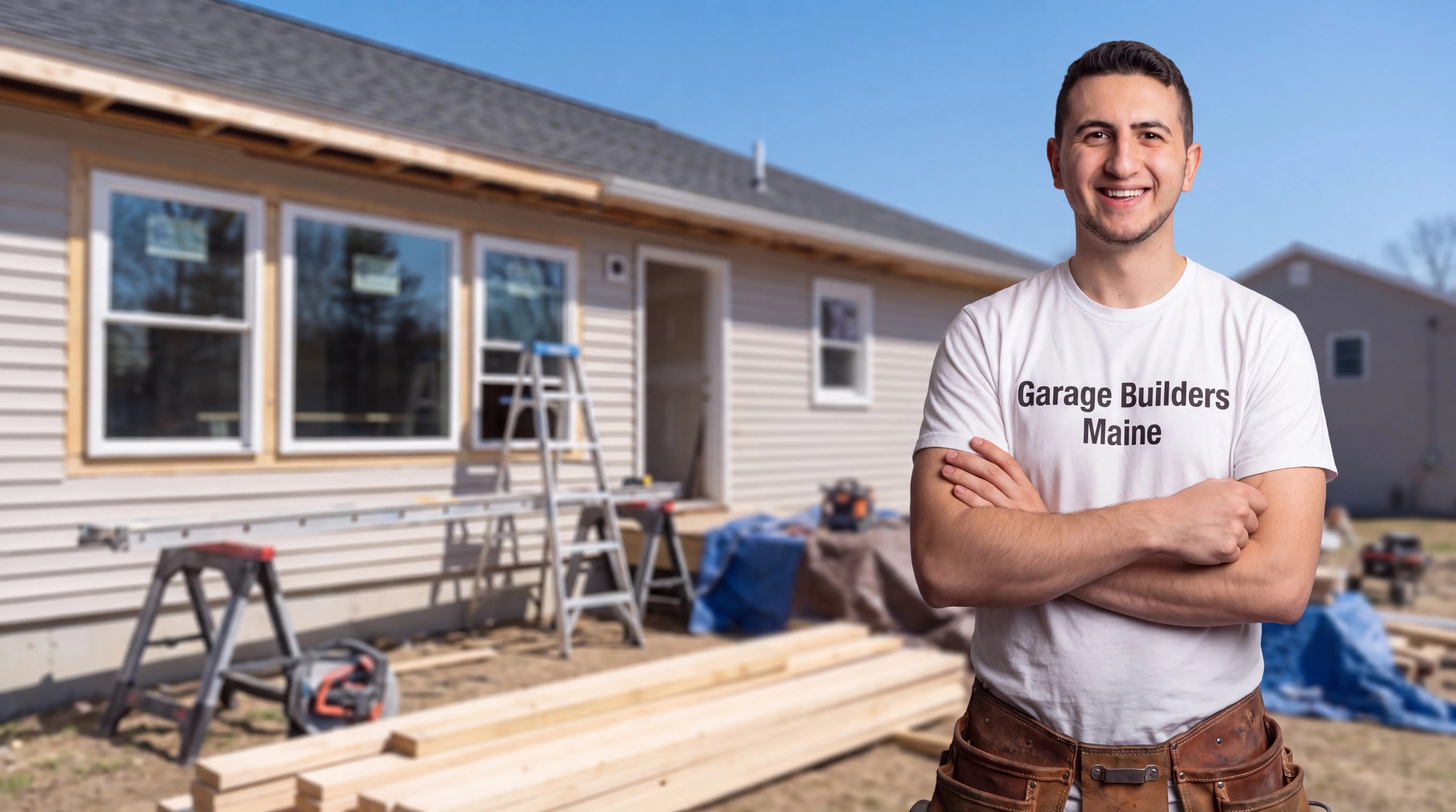 Owner of Garage Builders Maine standing with his arms crossed and smiling at a Maine job site