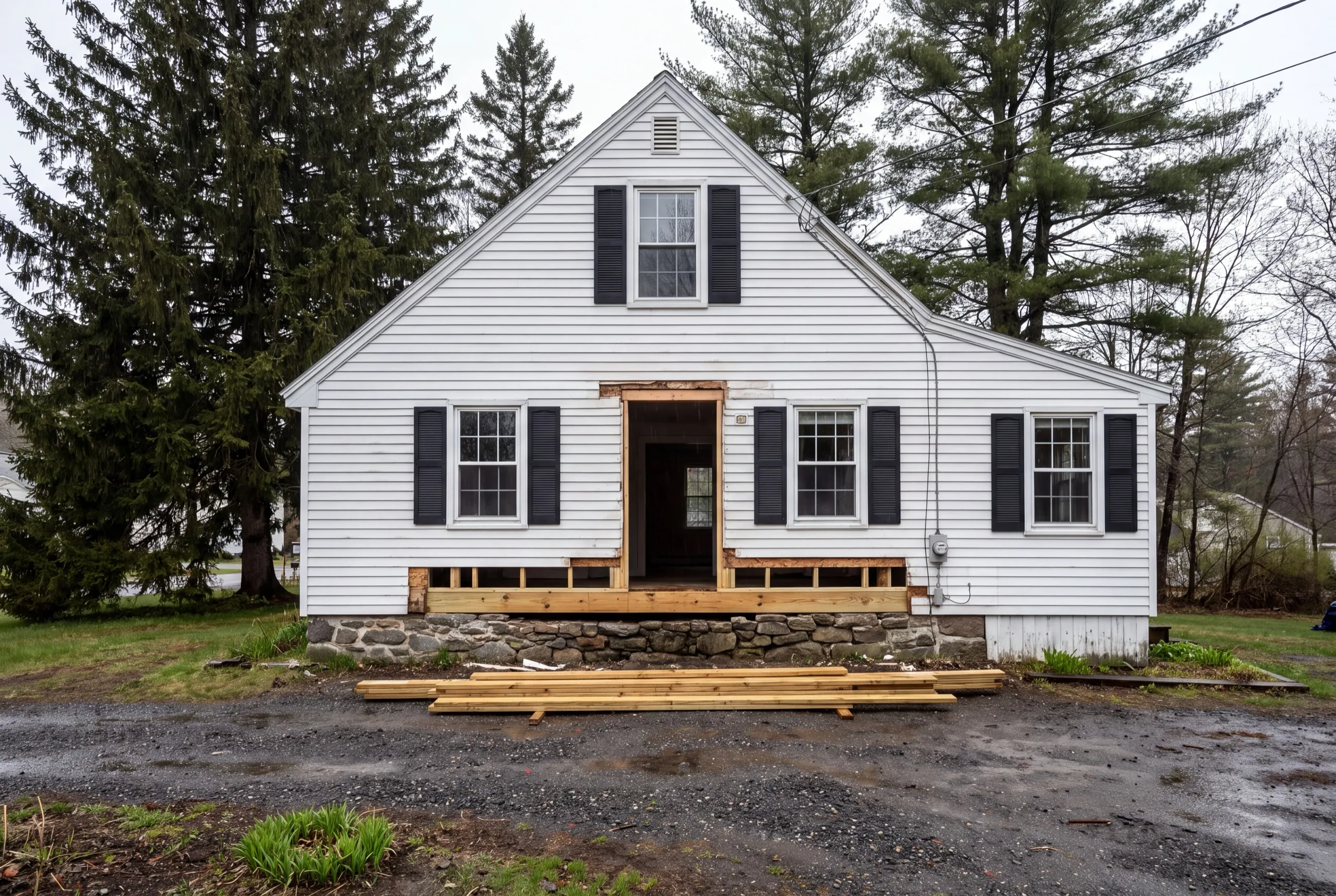 General contractor Randolph Maine: white cape with the front entry opened for sill repair on a stone foundation