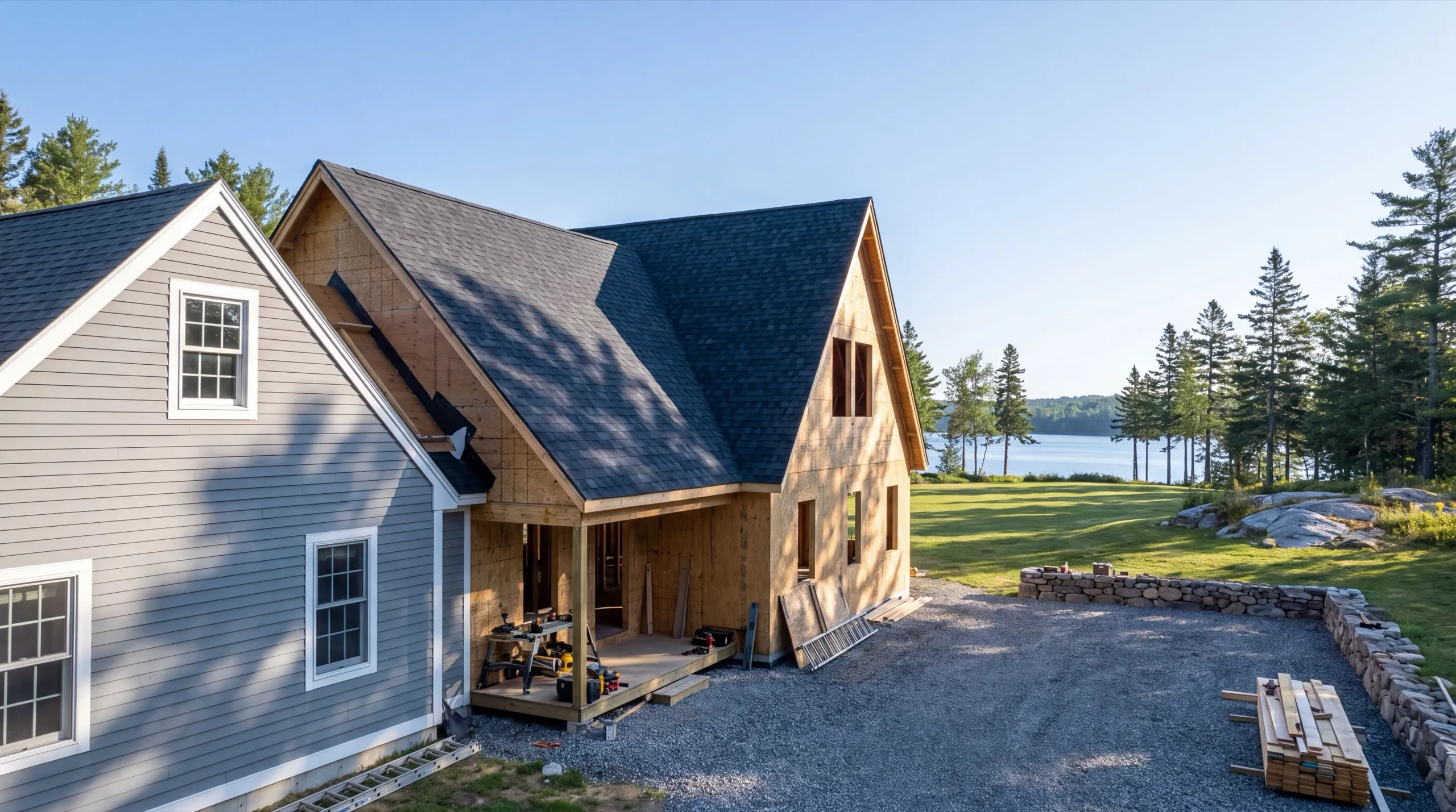 General contractor in Richmond, ME: sheathed addition with a shingled roof and covered porch joined to a gray house