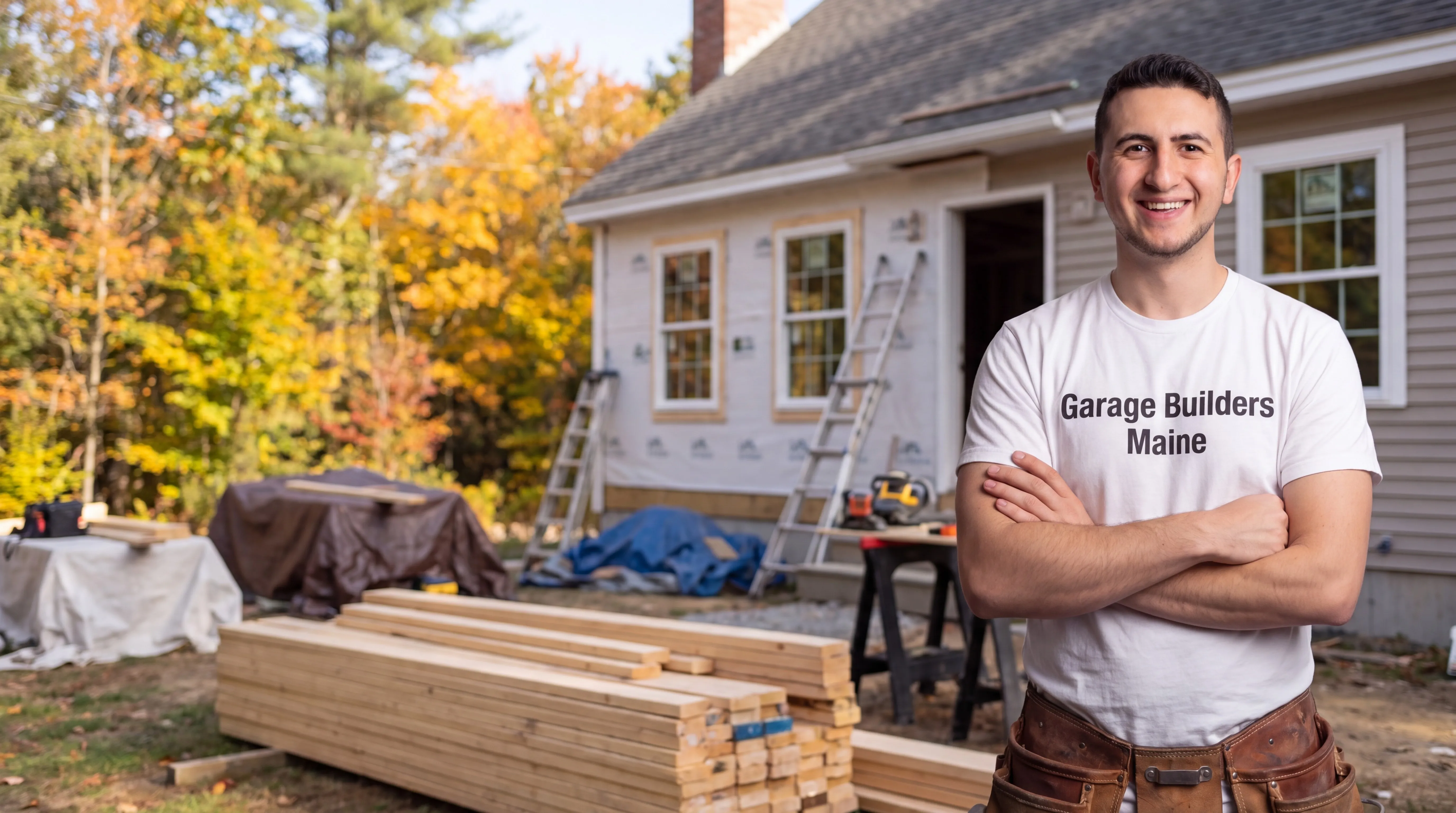 Owner of Garage Builders Maine standing with his arms crossed and smiling at a Maine job site