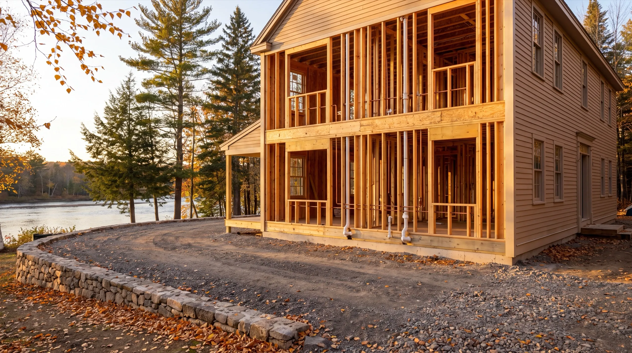 General contractor Richmond Maine: two-story sided house with one end wall opened to studs and new plumbing