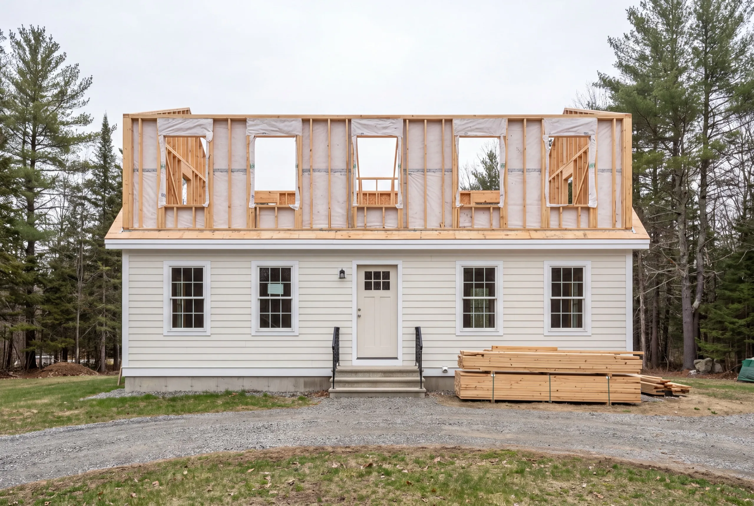 General contractor Central Maine: second-story walls framed over a white sided house with lumber stacked out front