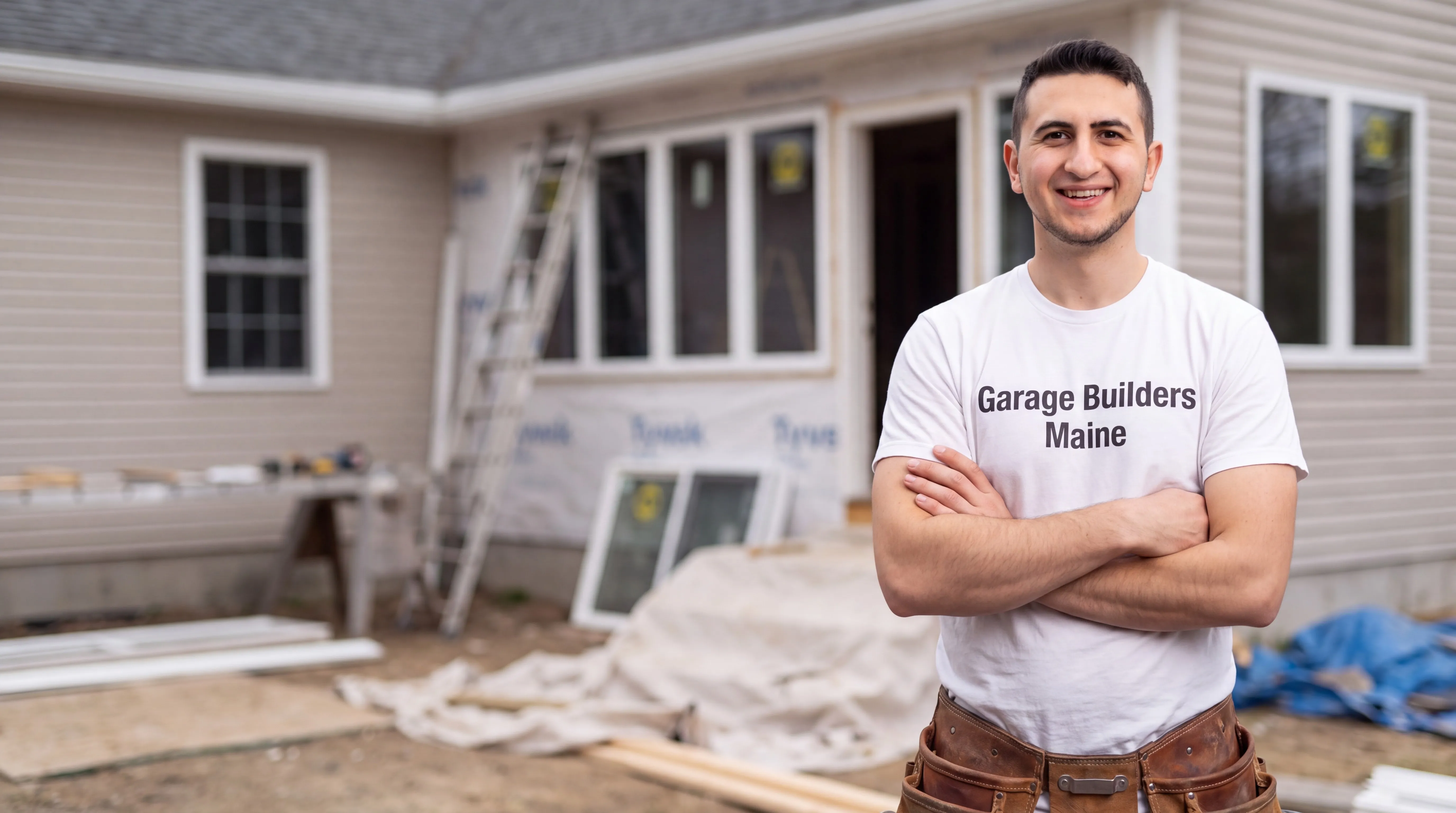 Owner of Garage Builders Maine standing with his arms crossed and smiling at a Maine job site