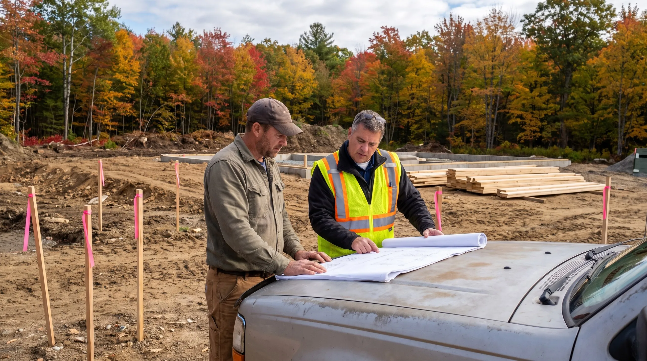 Construction company Sidney Maine: two men reviewing plans on a truck hood, new foundation walls and stacked lumber behind