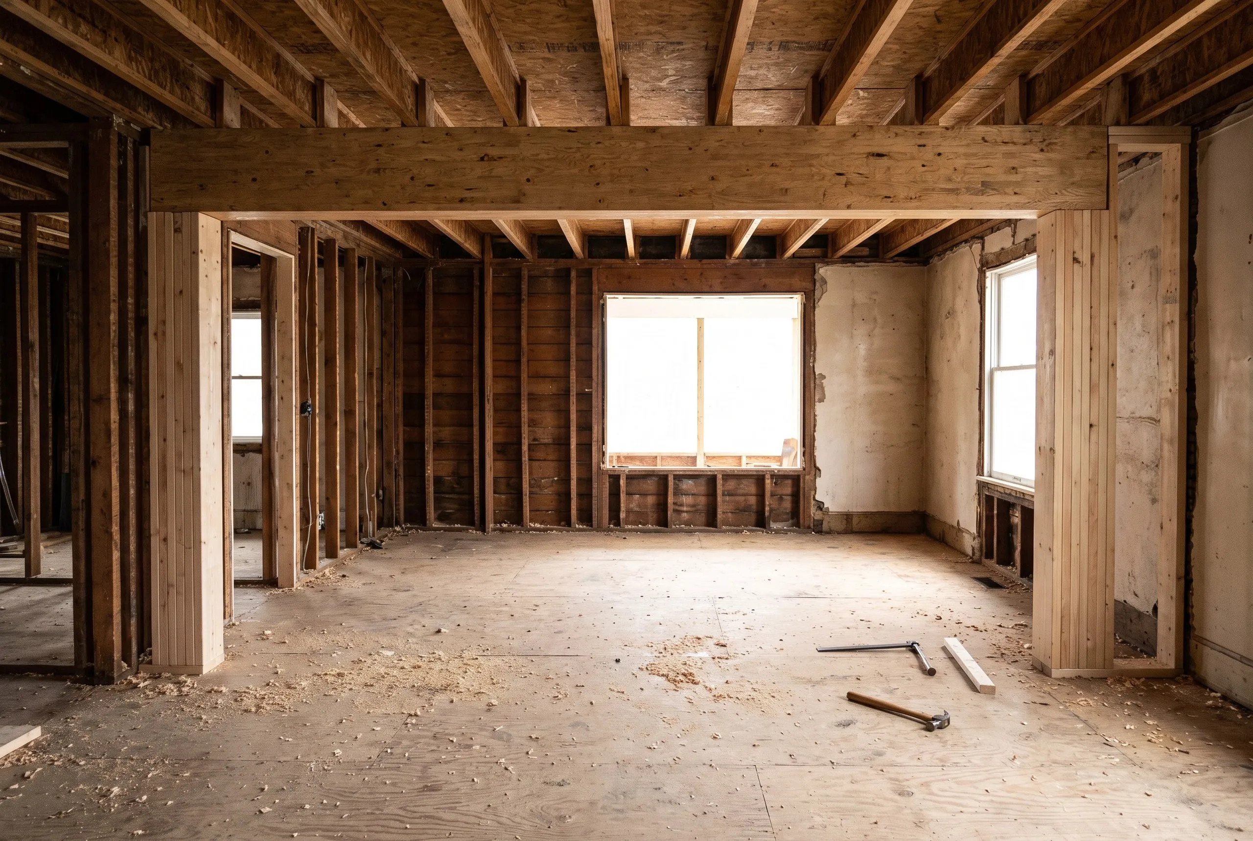 Construction company Sidney Maine: new beam on built-up posts carrying the floor joists in a gutted older room