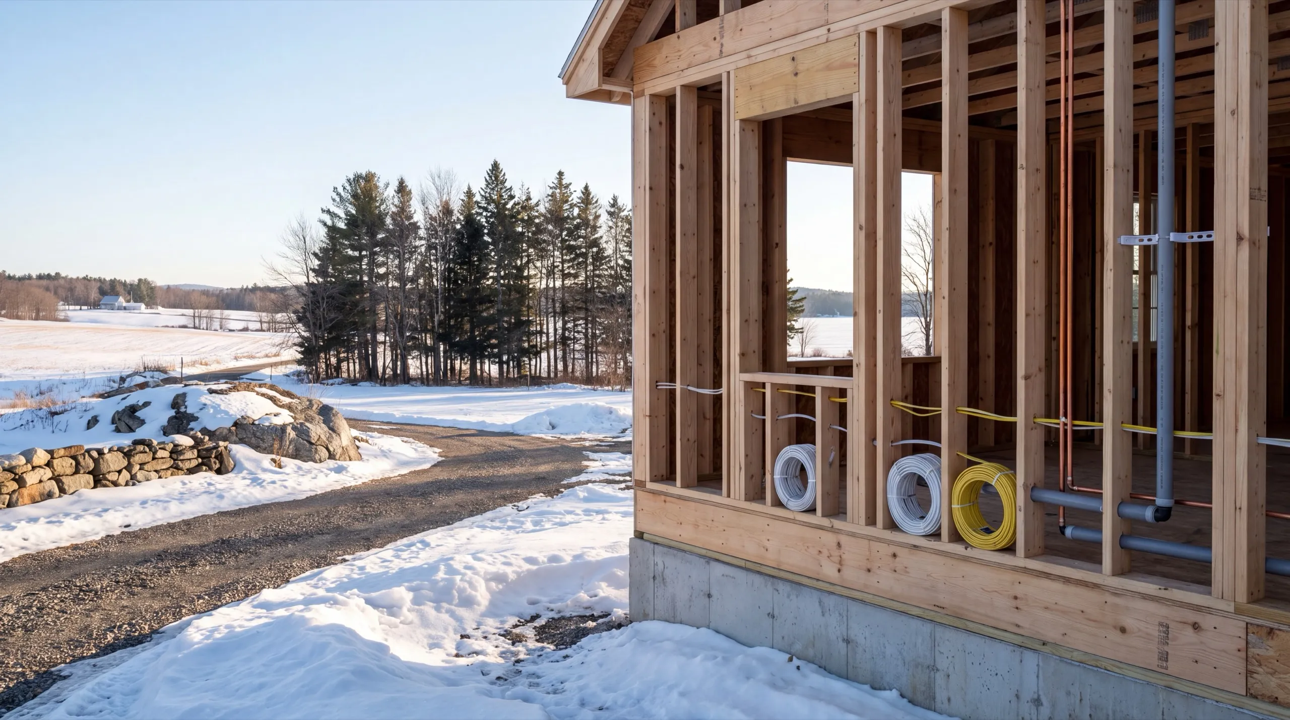 General contractor Sidney Maine: framed wall with wire coils and new pipe runs beside a snowy drive