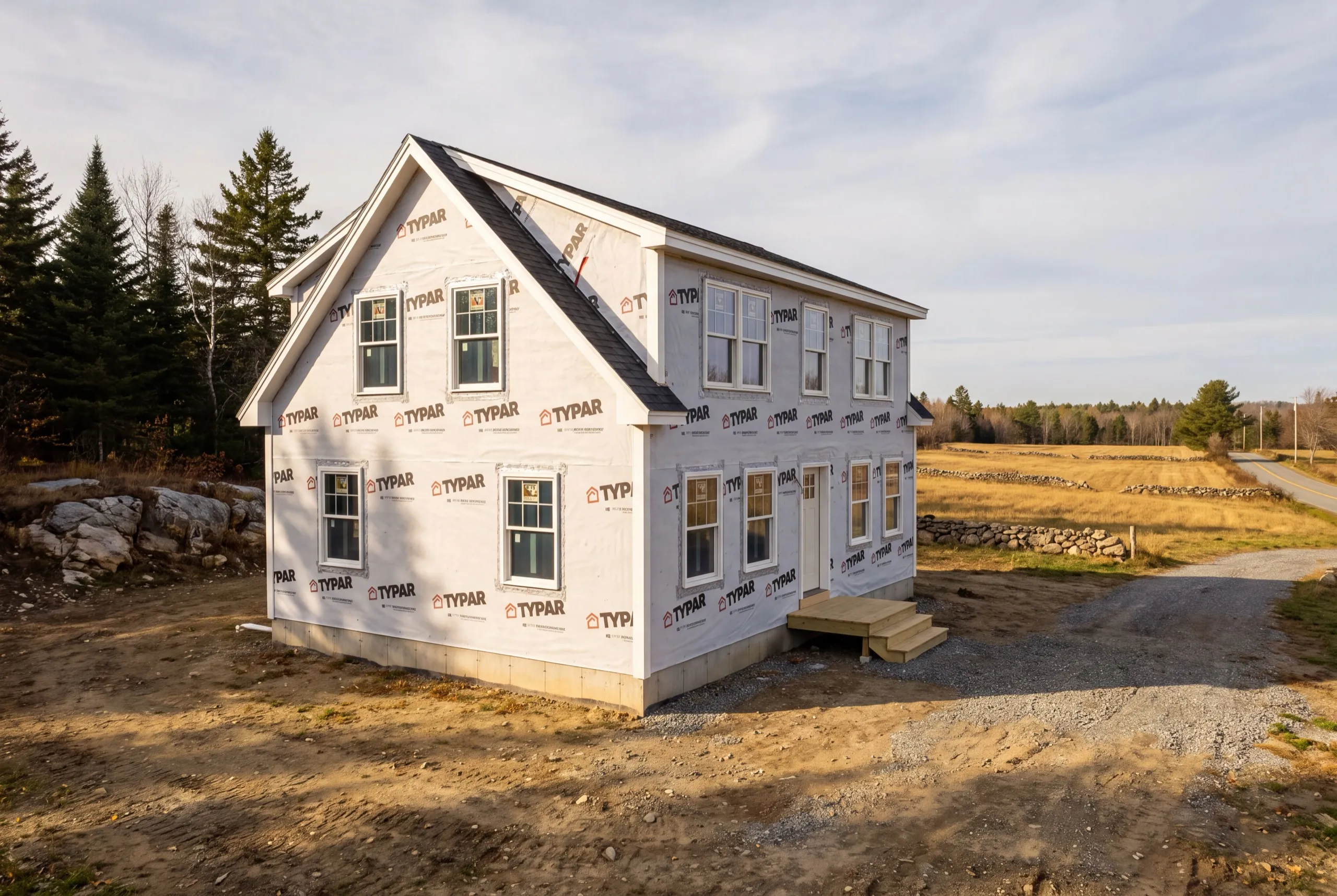 General contractor Sidney Maine: two-story house in printed house wrap with new windows on an open lot