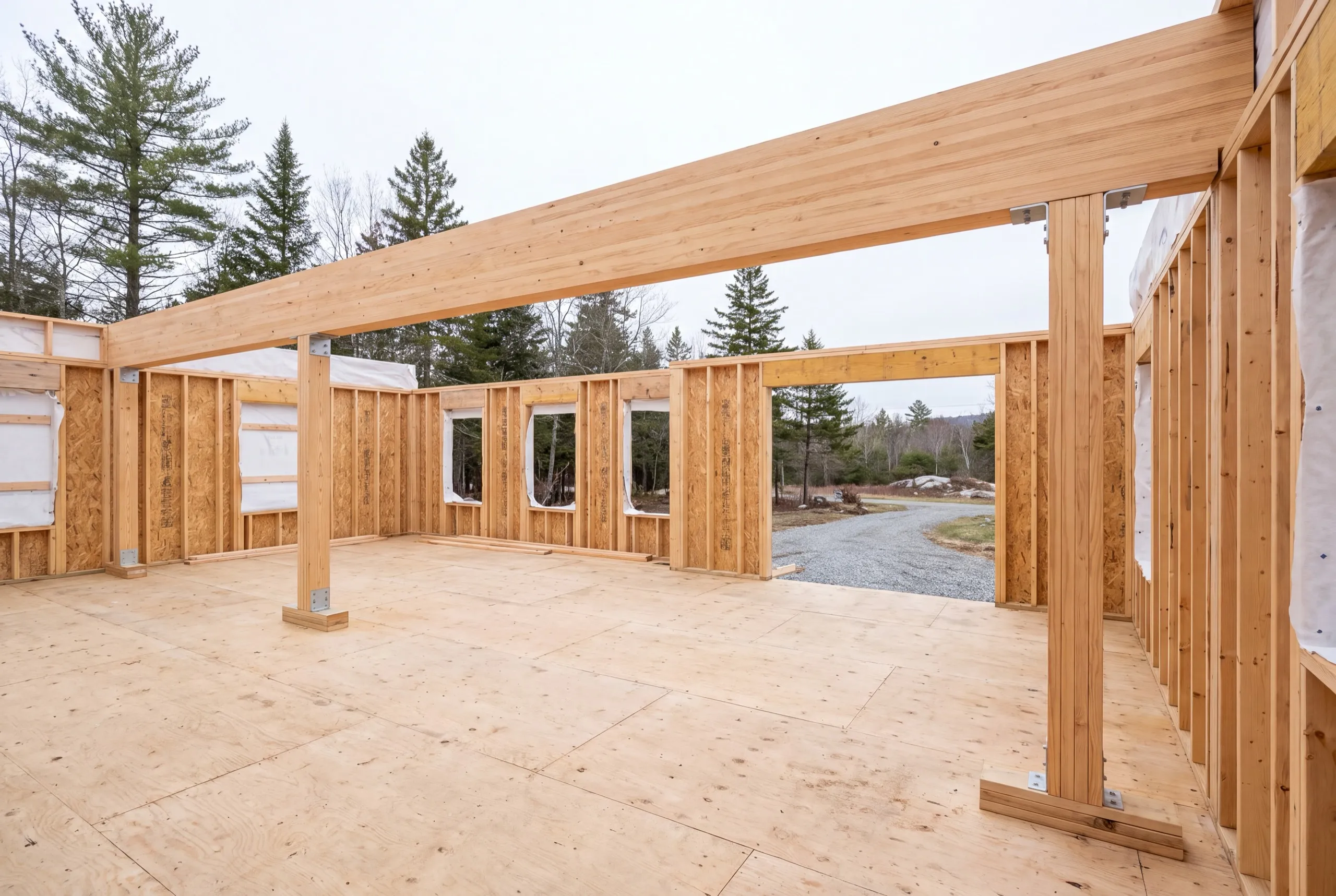 General contractor Central Maine: long engineered beam on posts across an open framed floor deck