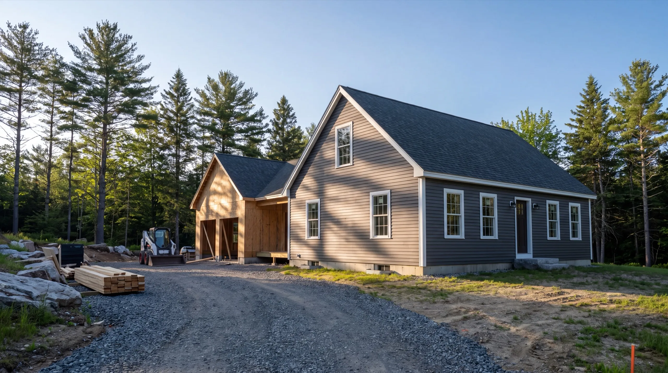 General contractor in Vassalboro, ME: gray cape with an attached two-bay garage still in bare sheathing